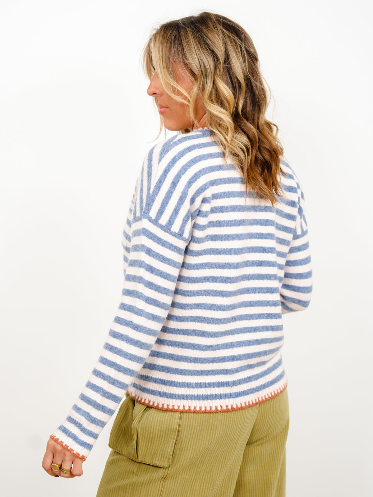 Stripe Long Sleeve Pullover Sweater with Blanket Stitch Detail