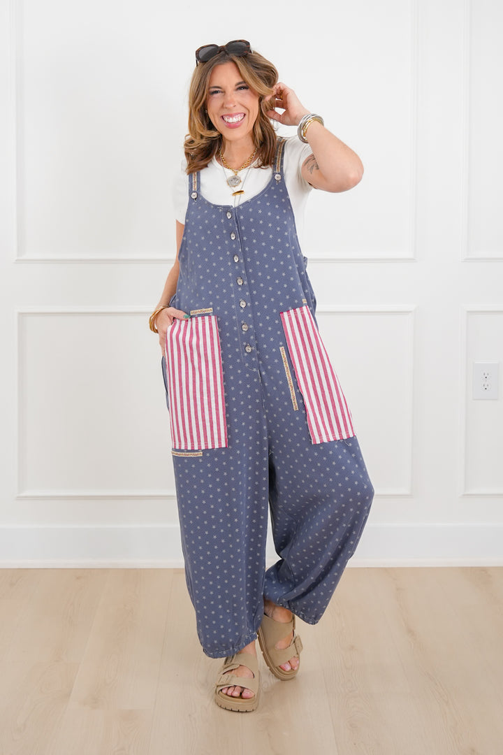 POL Stars & Stripe Print Sleeveless Jogger Overalls