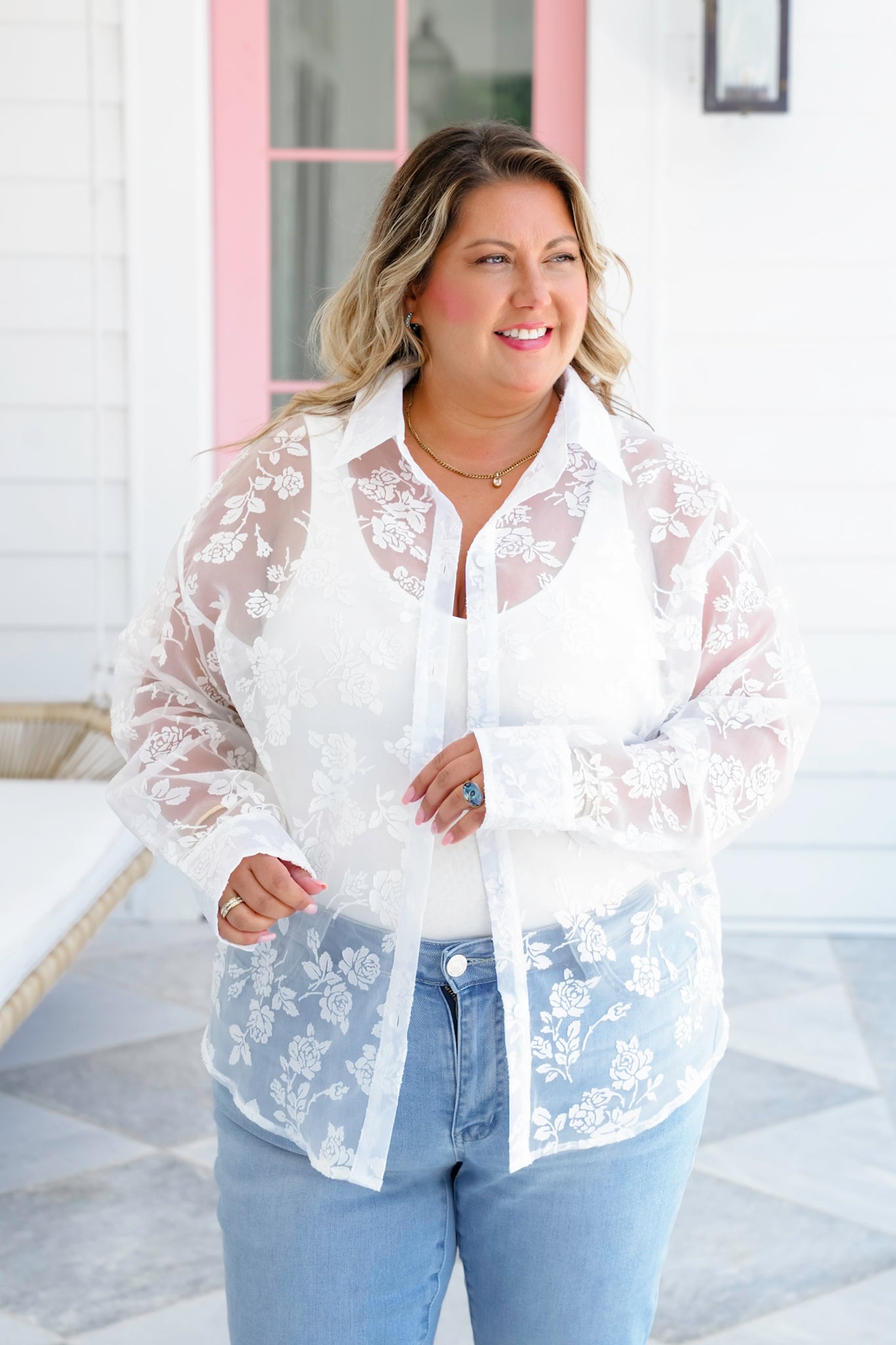 Plus/Reg Sheer Floral Long Sleeve Button Down Top