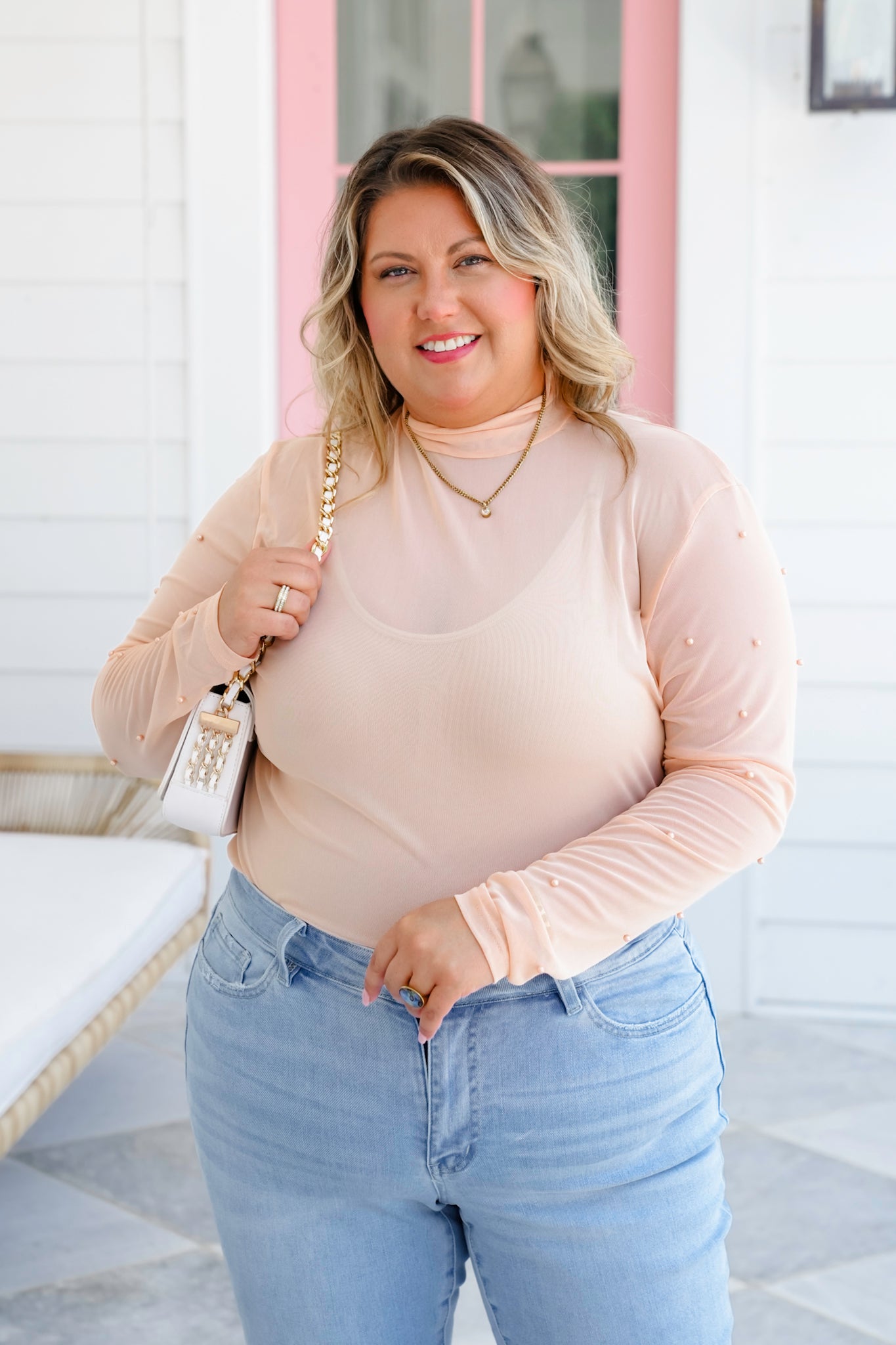 Plus/Reg Mesh Long Sleeve Mock Neck Top with Pearl Detail