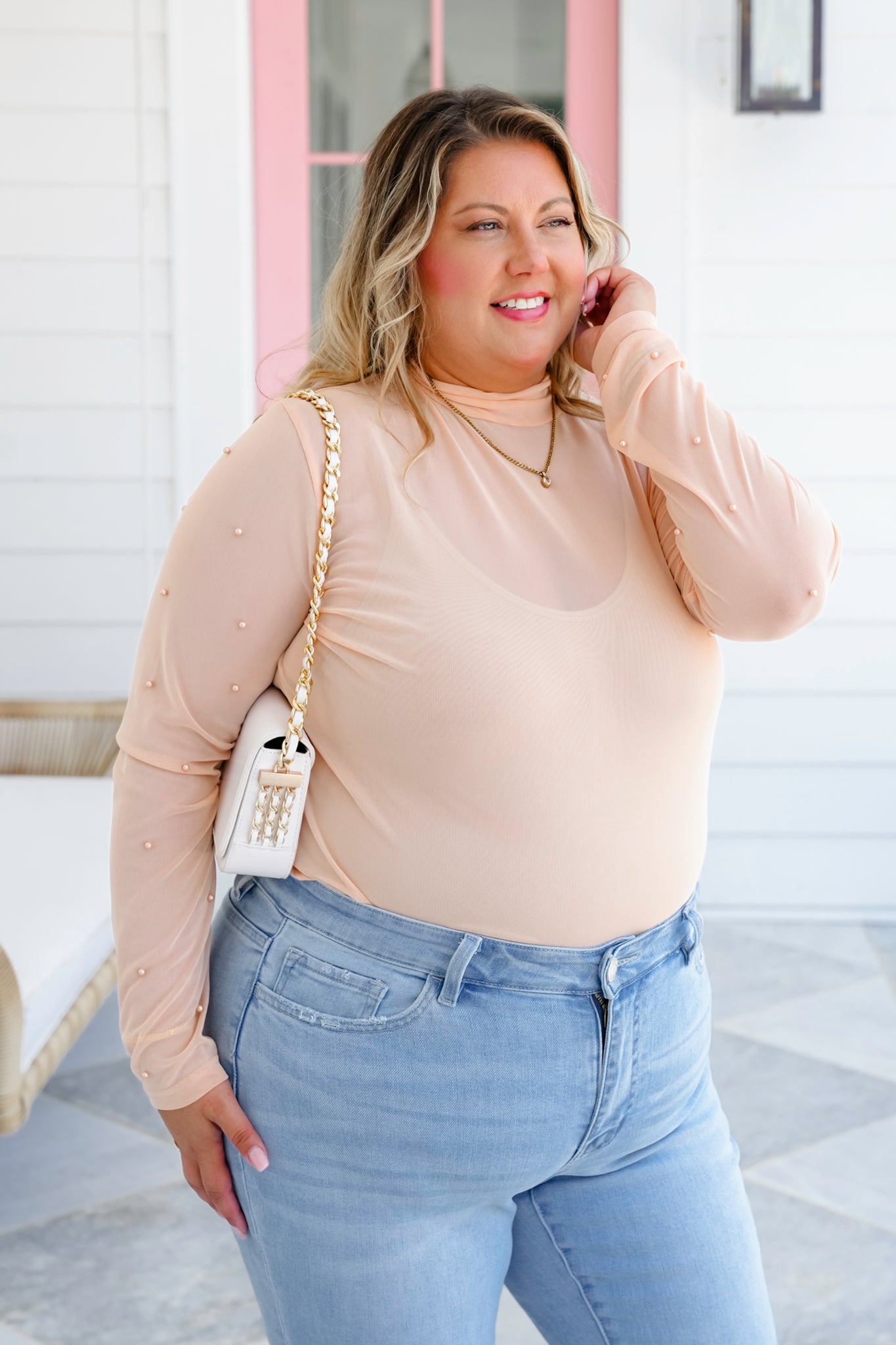 Plus/Reg Mesh Long Sleeve Mock Neck Top with Pearl Detail