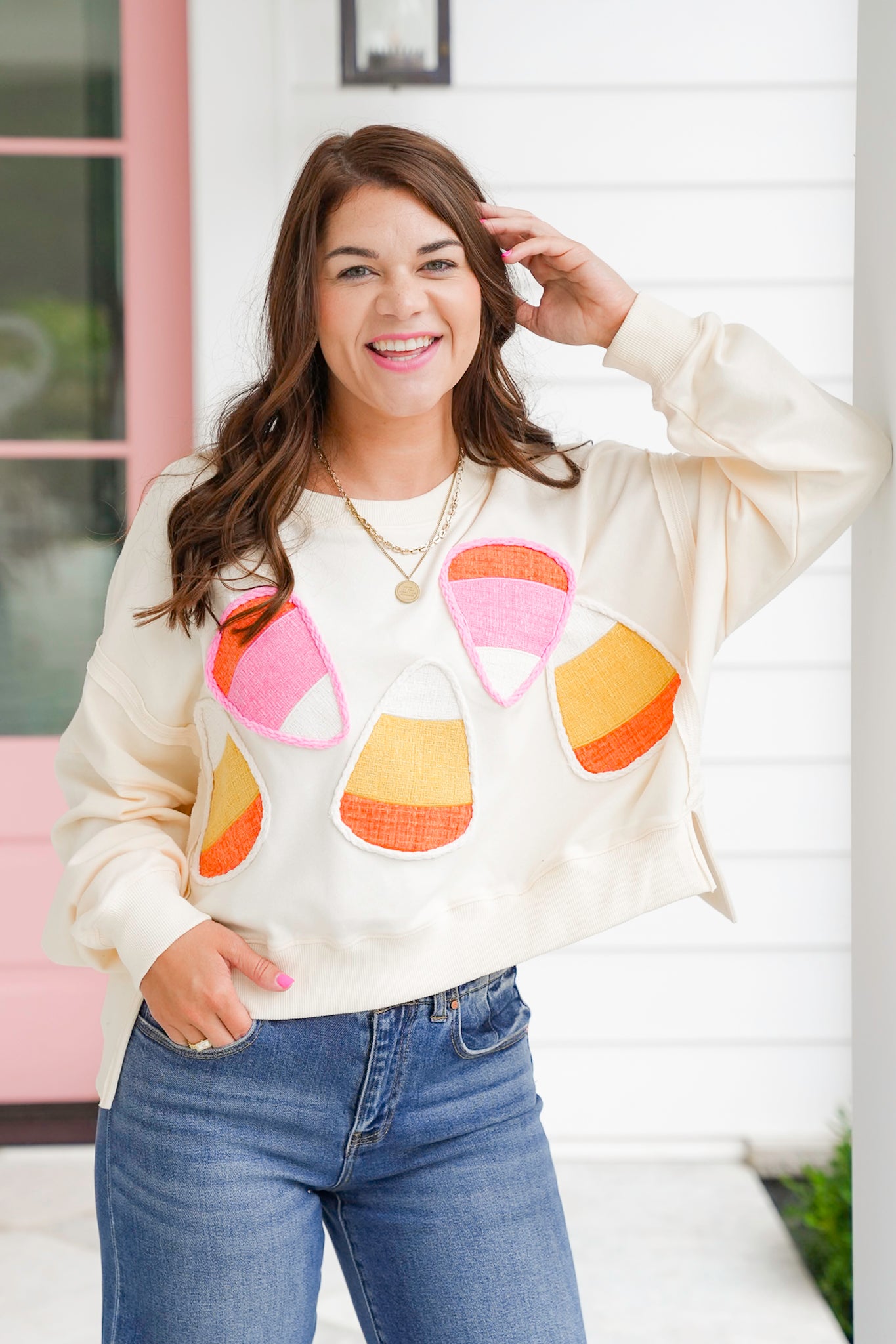Long Sleeve Candy Corn Cropped Sweatshirt