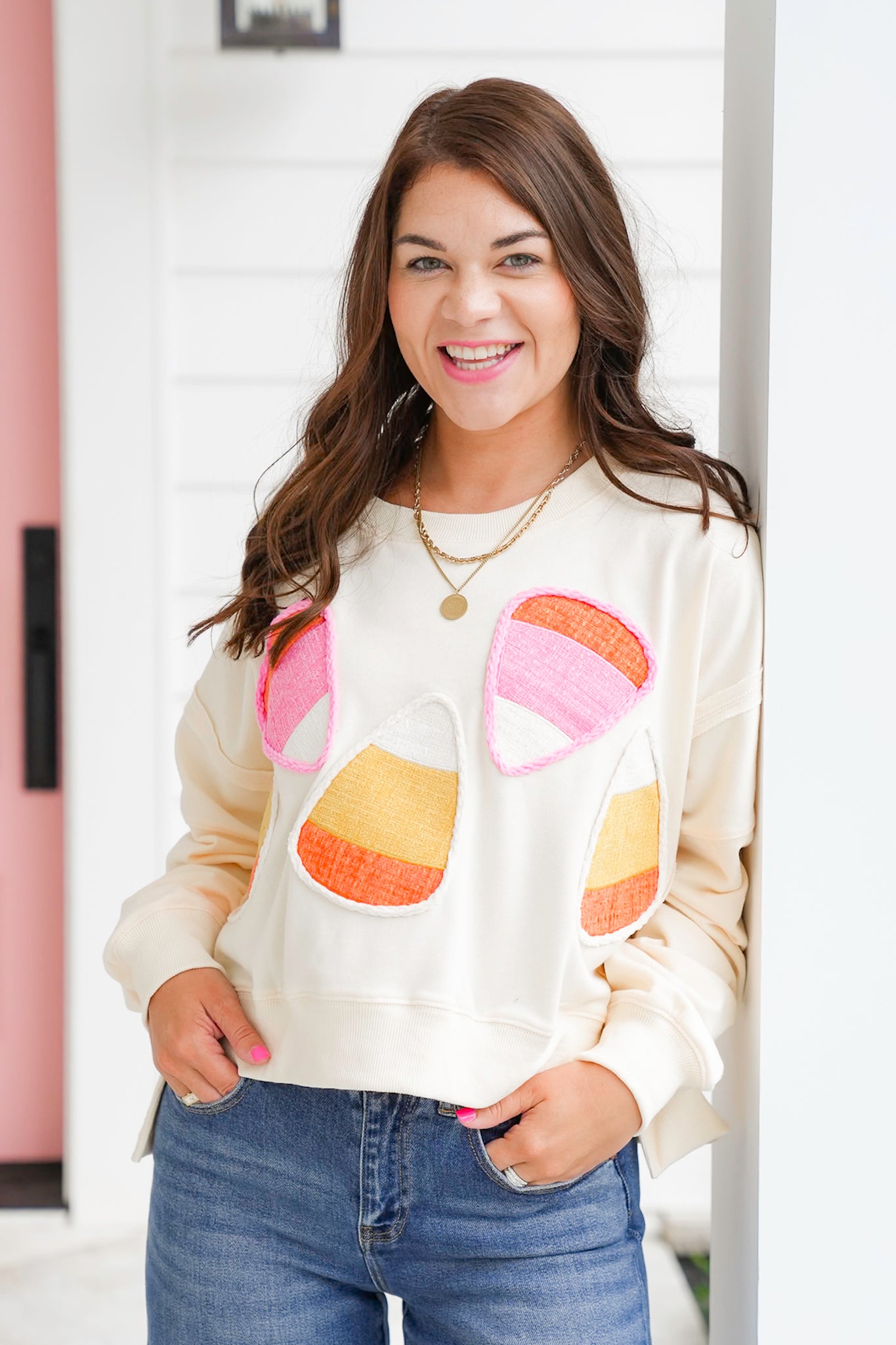 Long Sleeve Candy Corn Cropped Sweatshirt