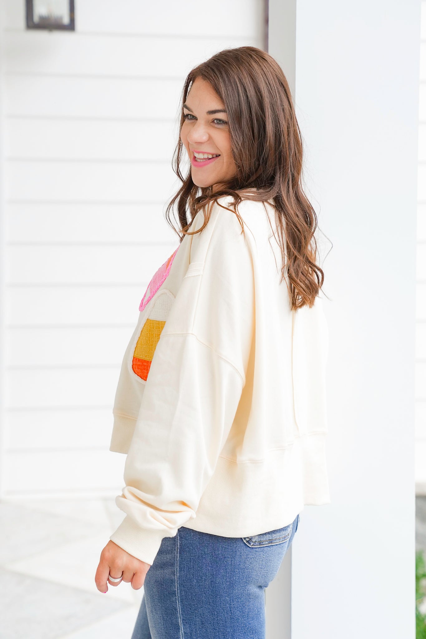 Long Sleeve Candy Corn Cropped Sweatshirt