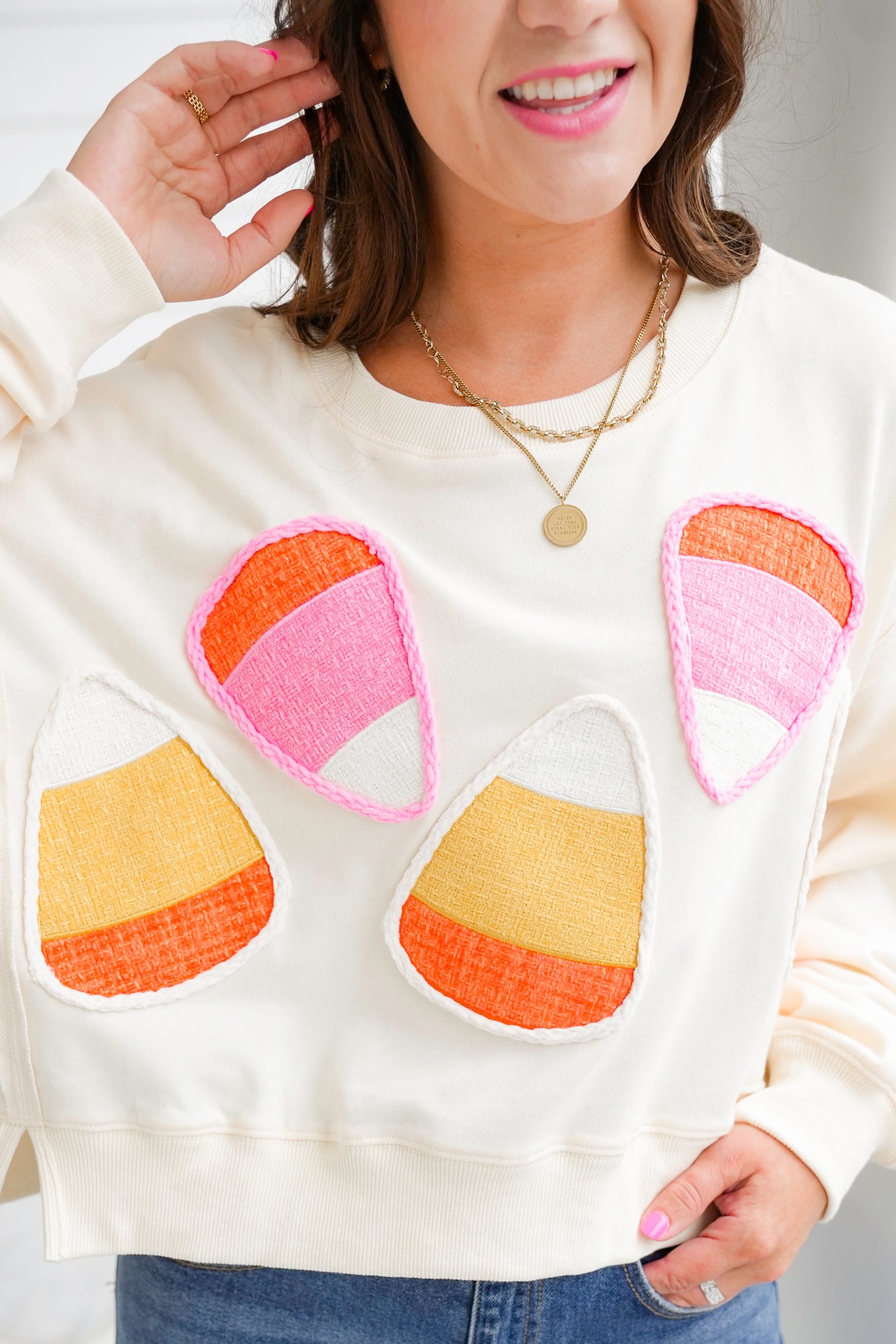 Long Sleeve Candy Corn Cropped Sweatshirt