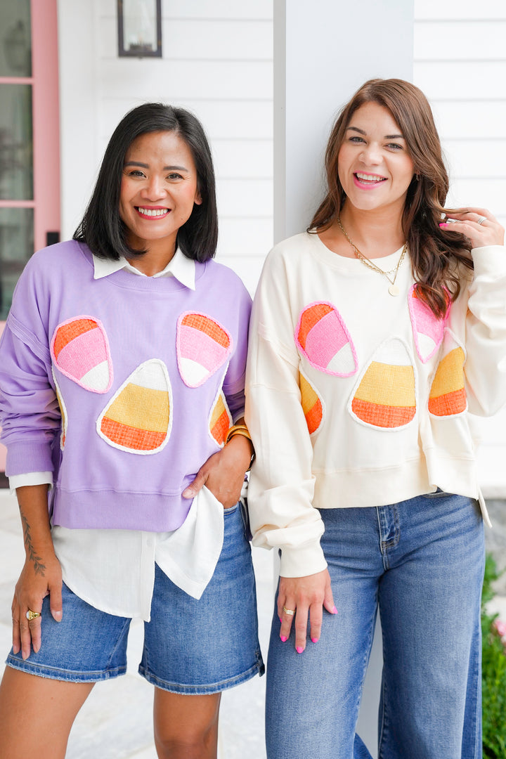 Long Sleeve Candy Corn Cropped Sweatshirt