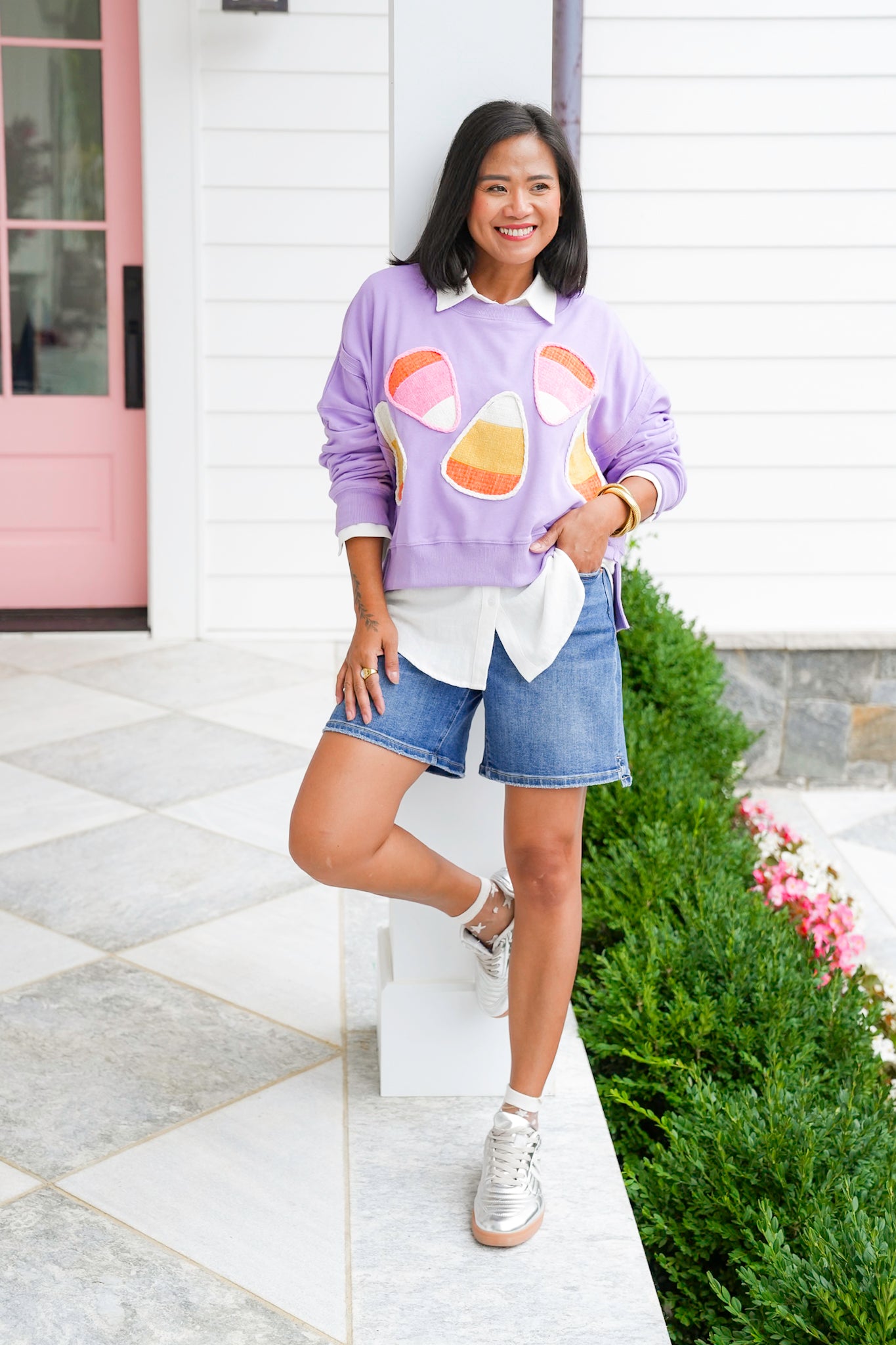 Long Sleeve Candy Corn Cropped Sweatshirt