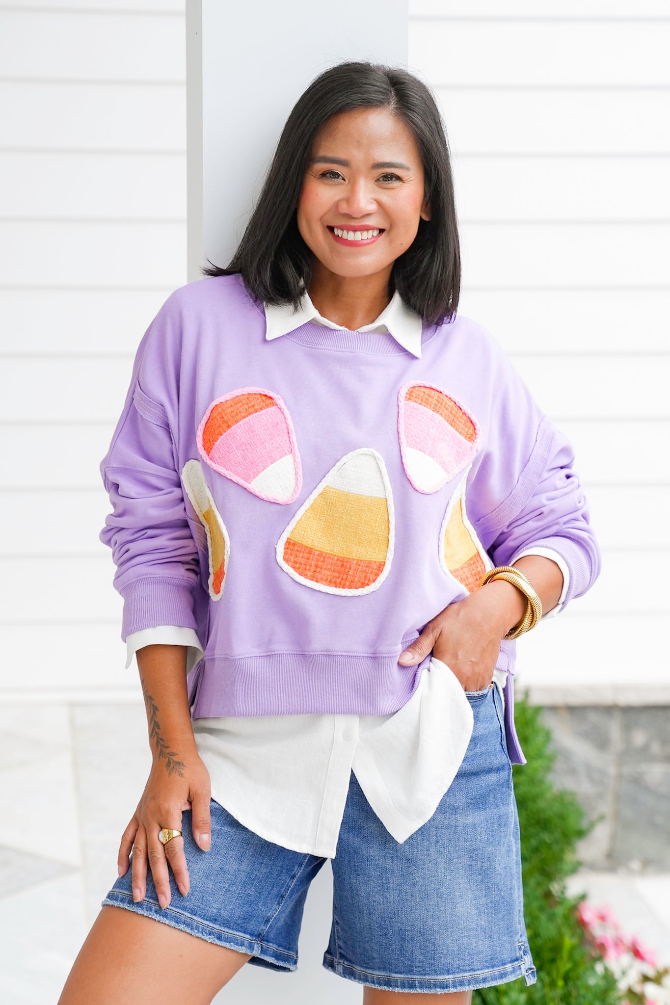Long Sleeve Candy Corn Cropped Sweatshirt