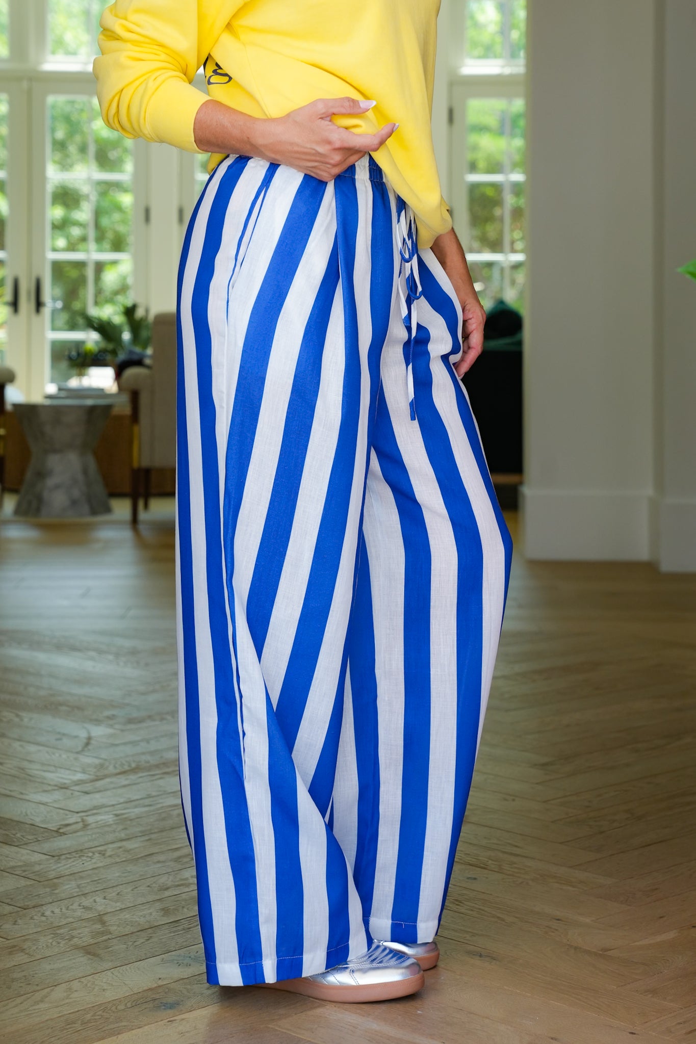 Blue Stripe Elastic Waist Wide Leg Pants