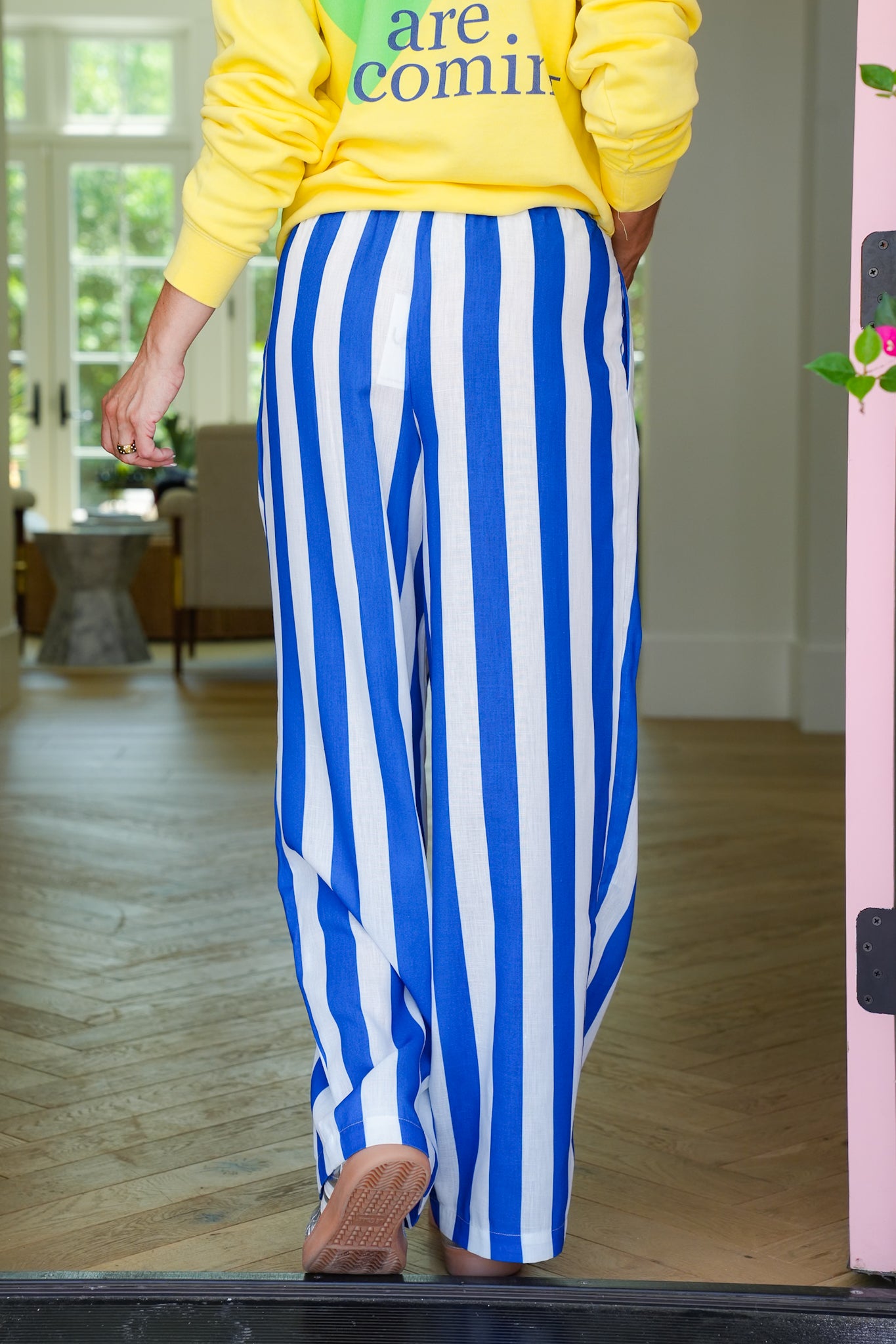 Blue Stripe Elastic Waist Wide Leg Pants