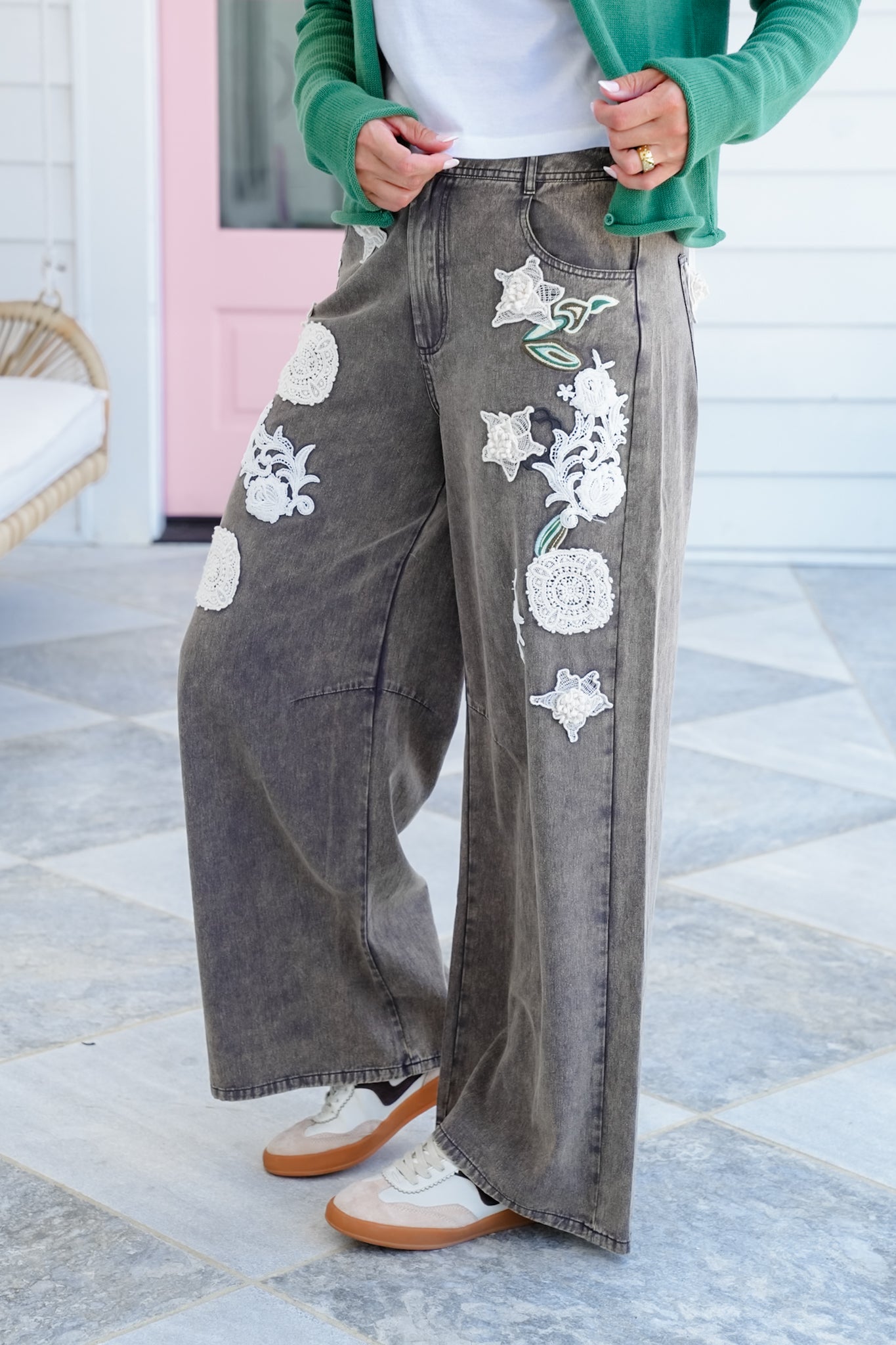 Straight Leg Pants with Floral Crochet Detail
