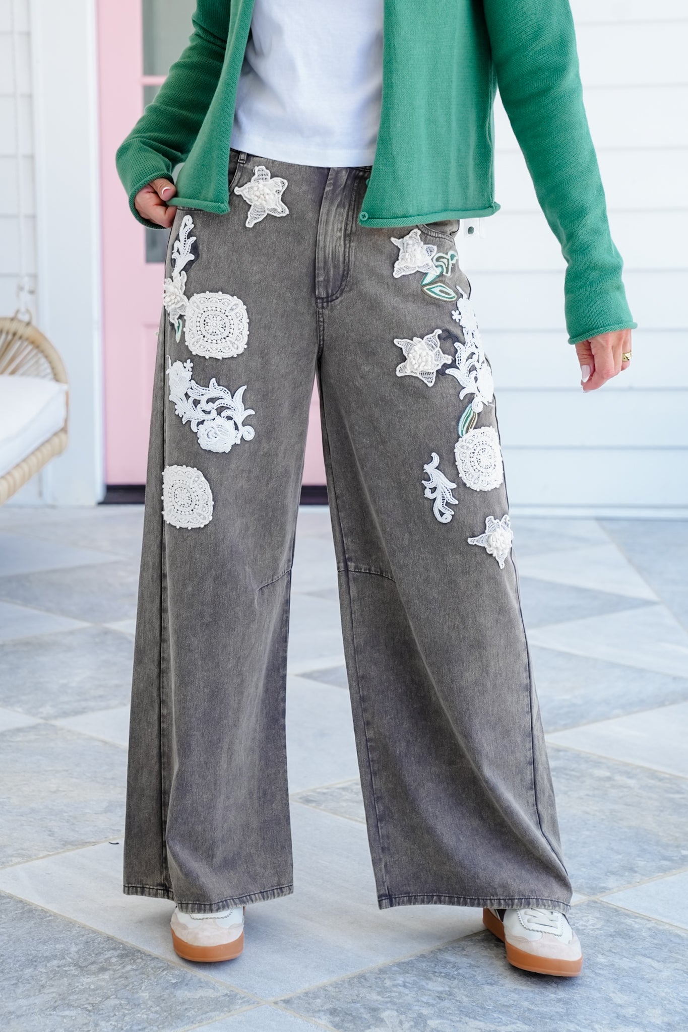 Straight Leg Pants with Floral Crochet Detail
