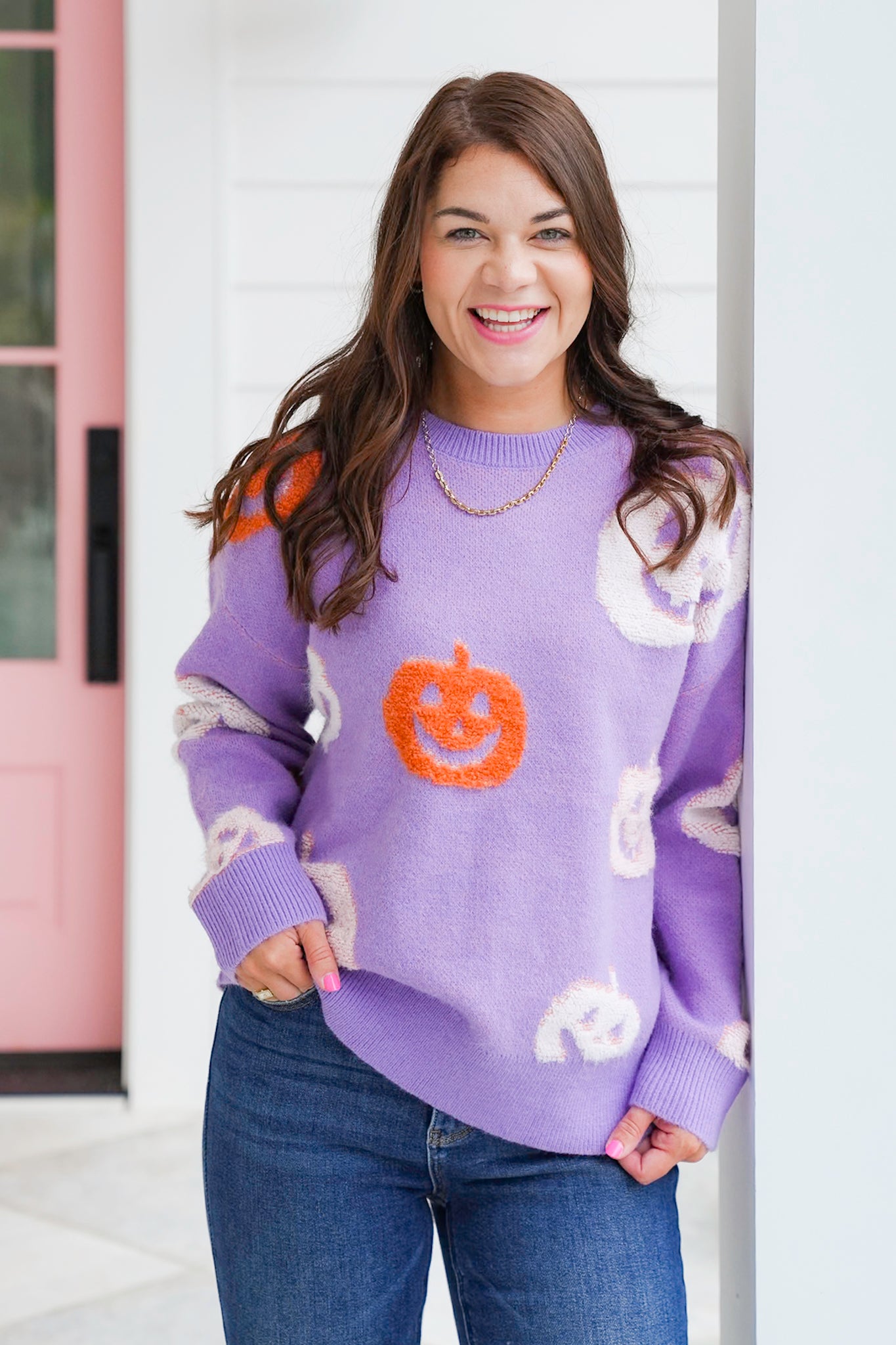 Knit Long Sleeve Sweater with Halloween Pumpkin Detail