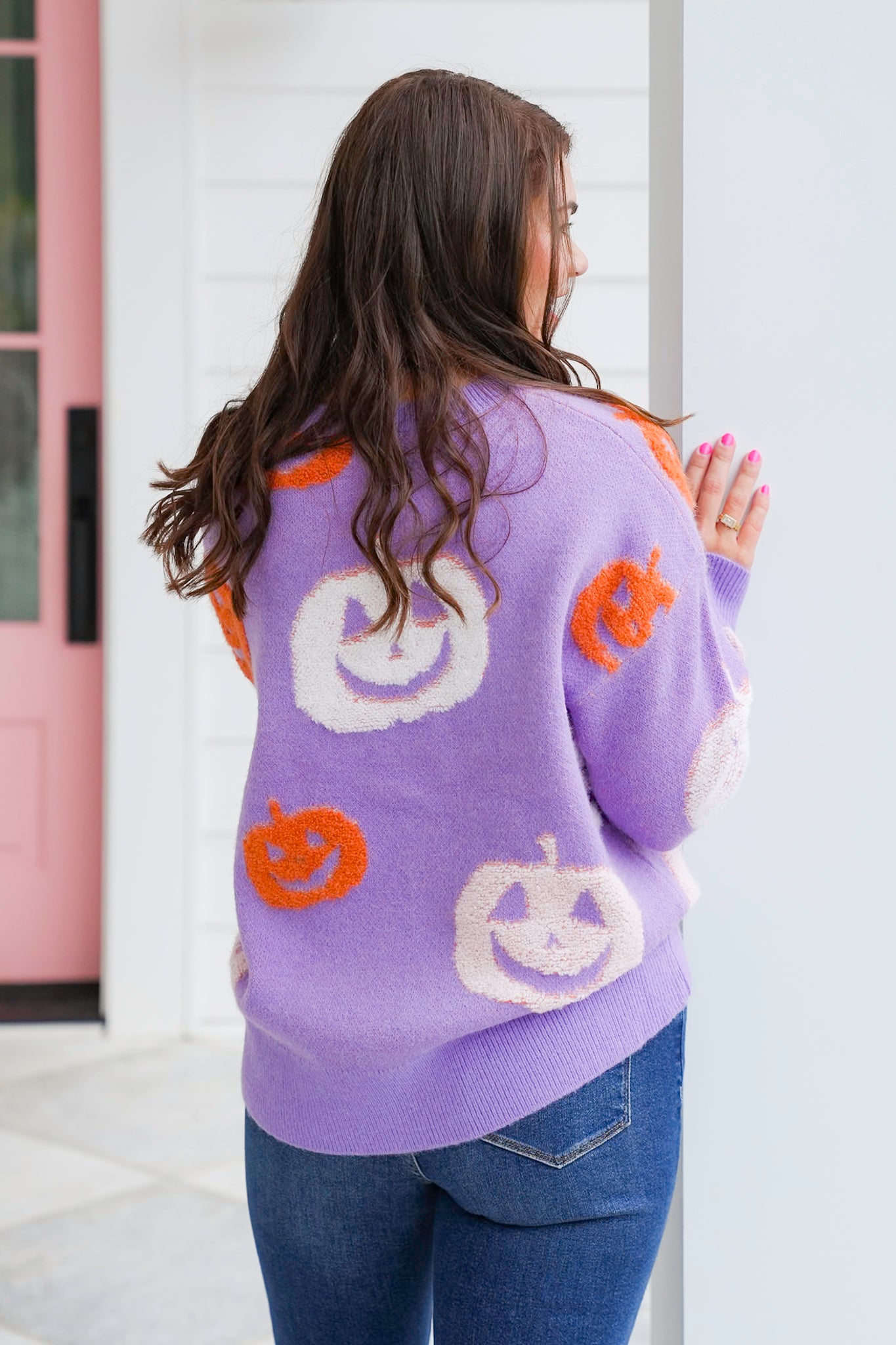 Knit Long Sleeve Sweater with Halloween Pumpkin Detail
