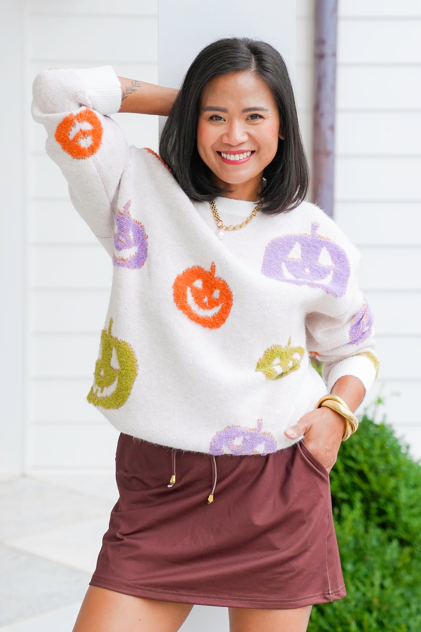 Knit Long Sleeve Sweater with Halloween Pumpkin Detail