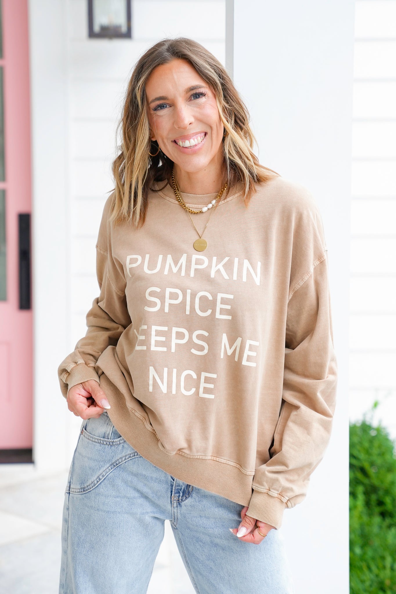 Tan long Sleeve "Pumpkin Spice Keeps Me Nice" Graphic Pullover Sweatshirt