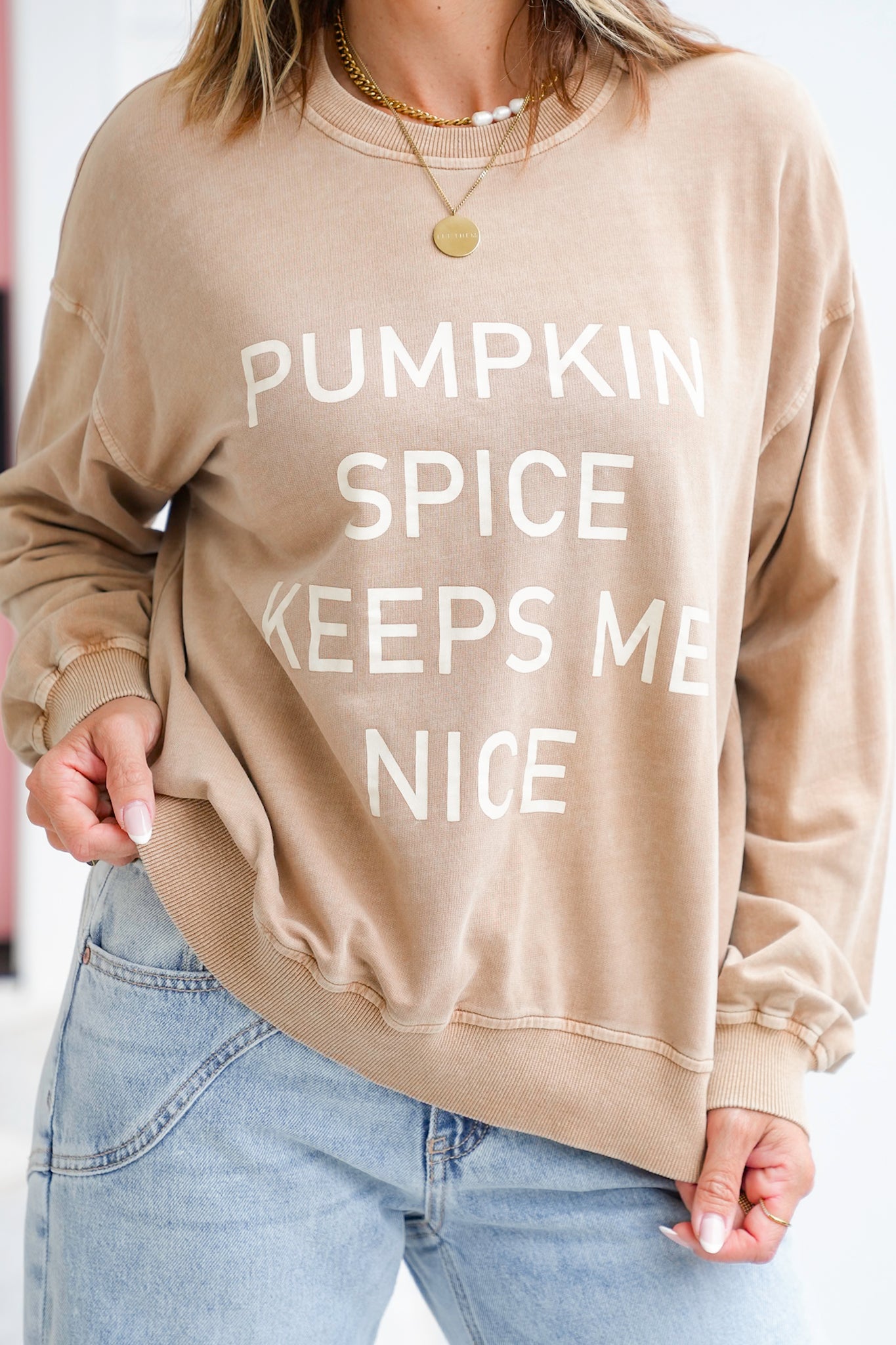 Tan long Sleeve "Pumpkin Spice Keeps Me Nice" Graphic Pullover Sweatshirt