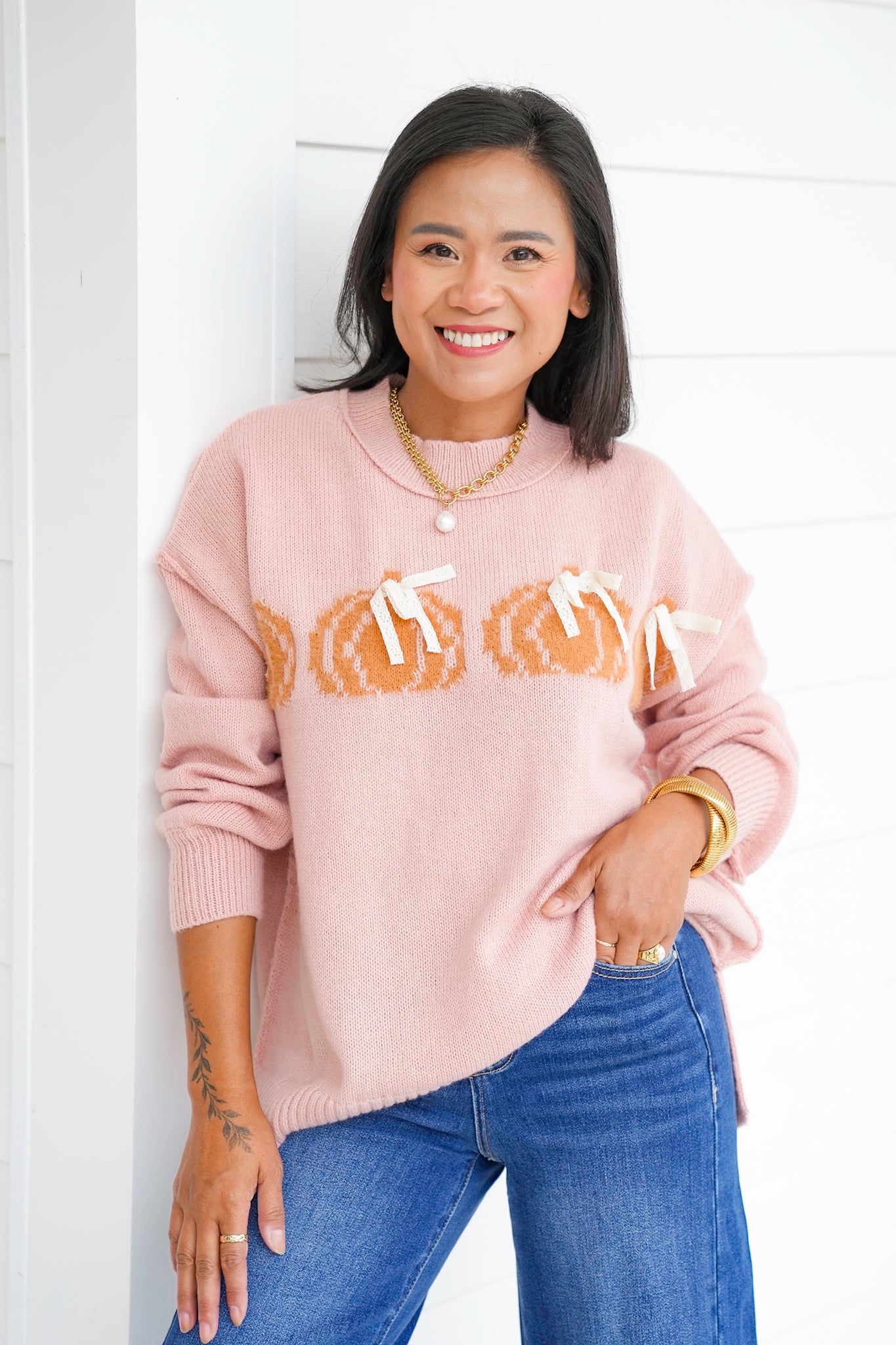 Long Sleeve Pumpkin Sweater with Lace Bows