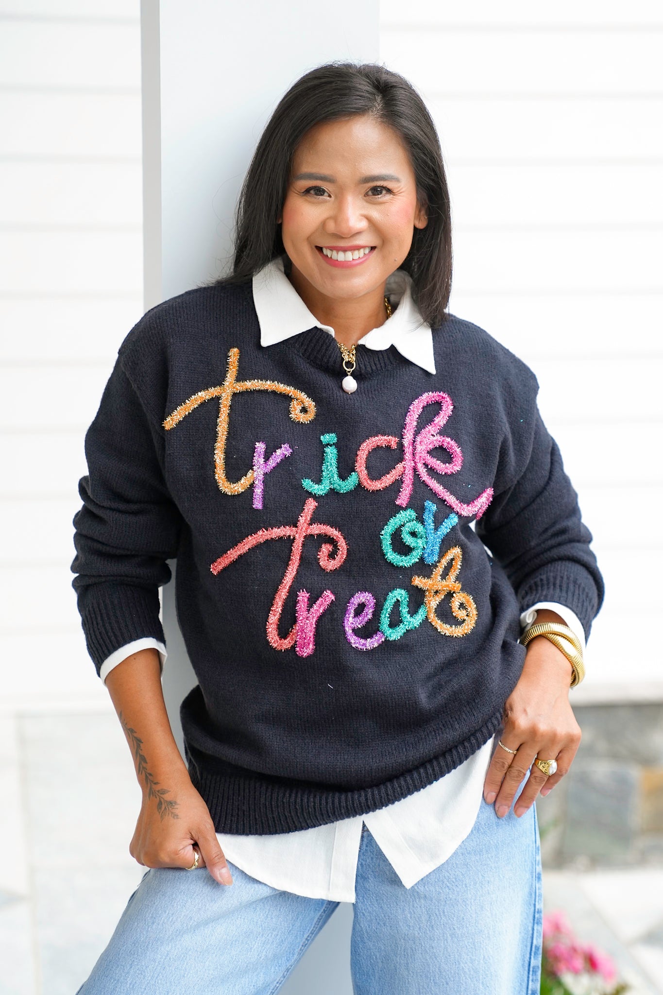 Long Sleeve "Trick Or Treat" Tinsel Pullover Sweater