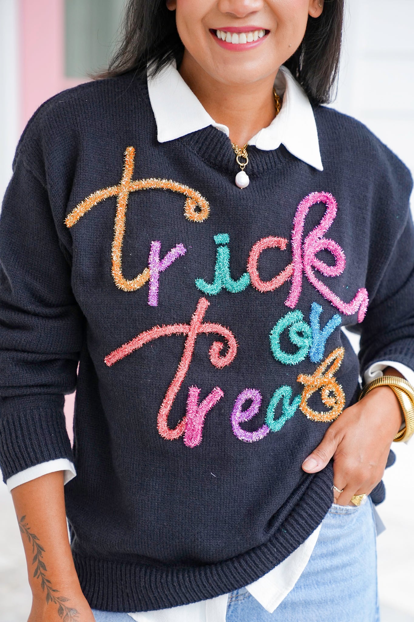 Long Sleeve "Trick Or Treat" Tinsel Pullover Sweater
