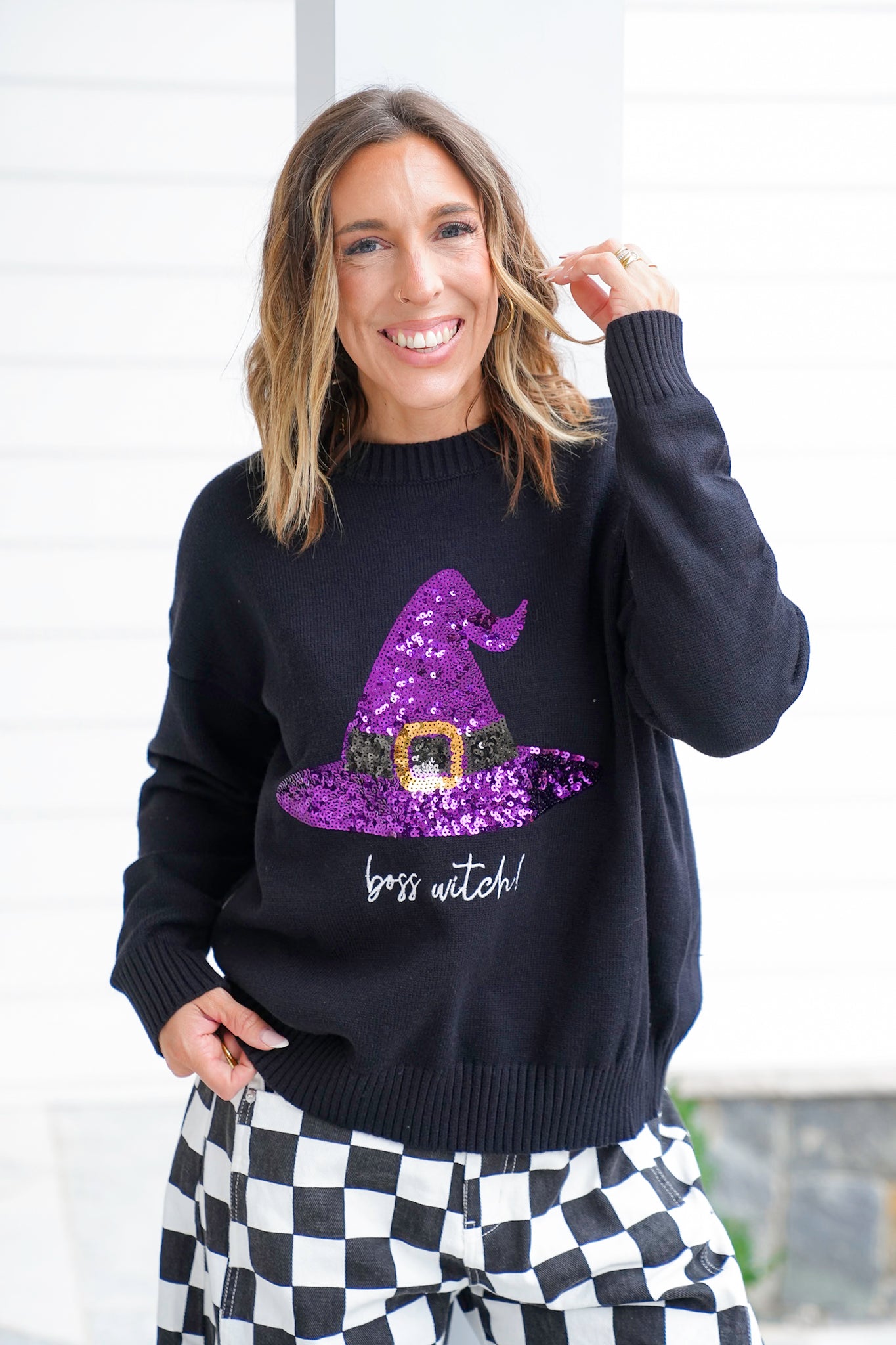 Halloween Long Sleeve Embroidered Sweater with Sequin Witch Hat