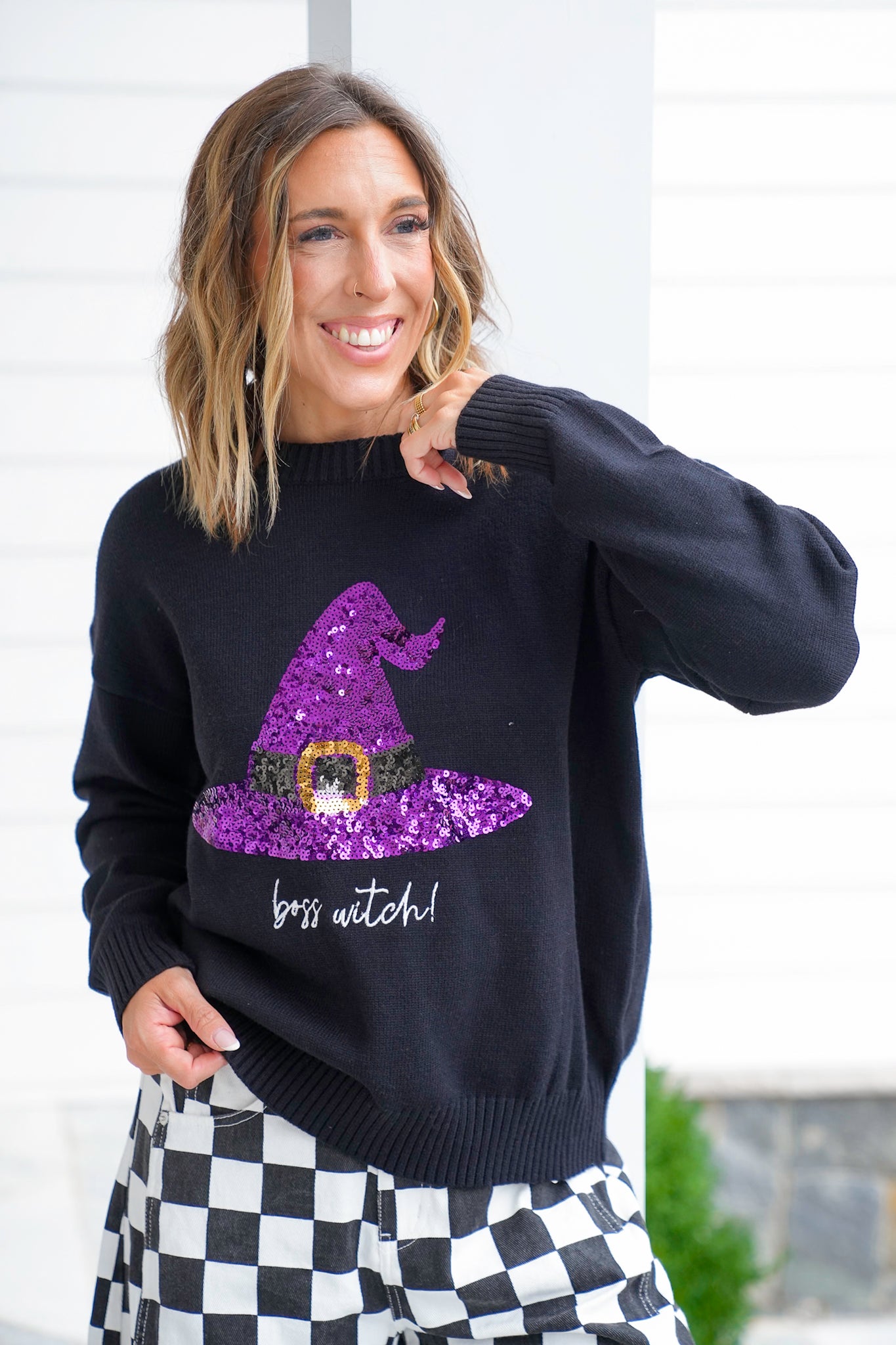 Halloween Long Sleeve Embroidered Sweater with Sequin Witch Hat