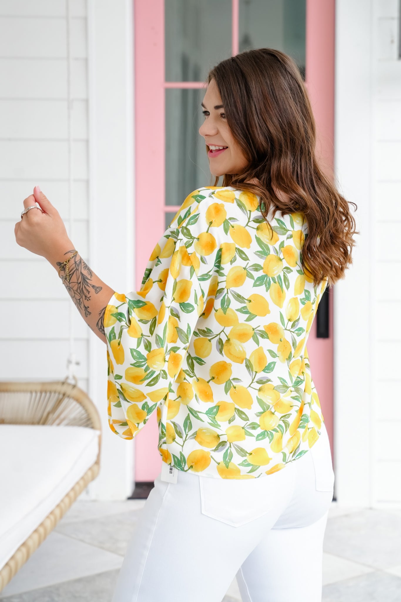 Plus/Reg Lemon Print Short Sleeve Tie Front Top