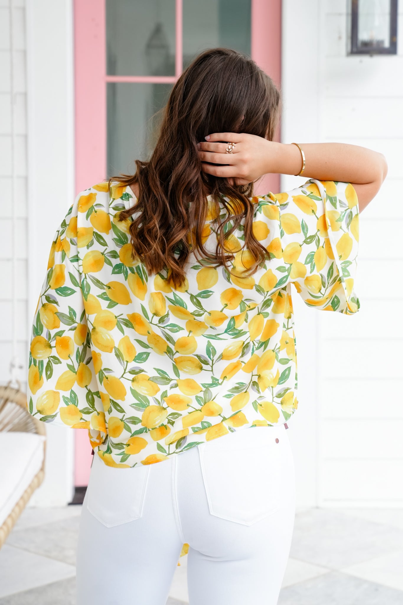 Plus/Reg Lemon Print Short Sleeve Tie Front Top