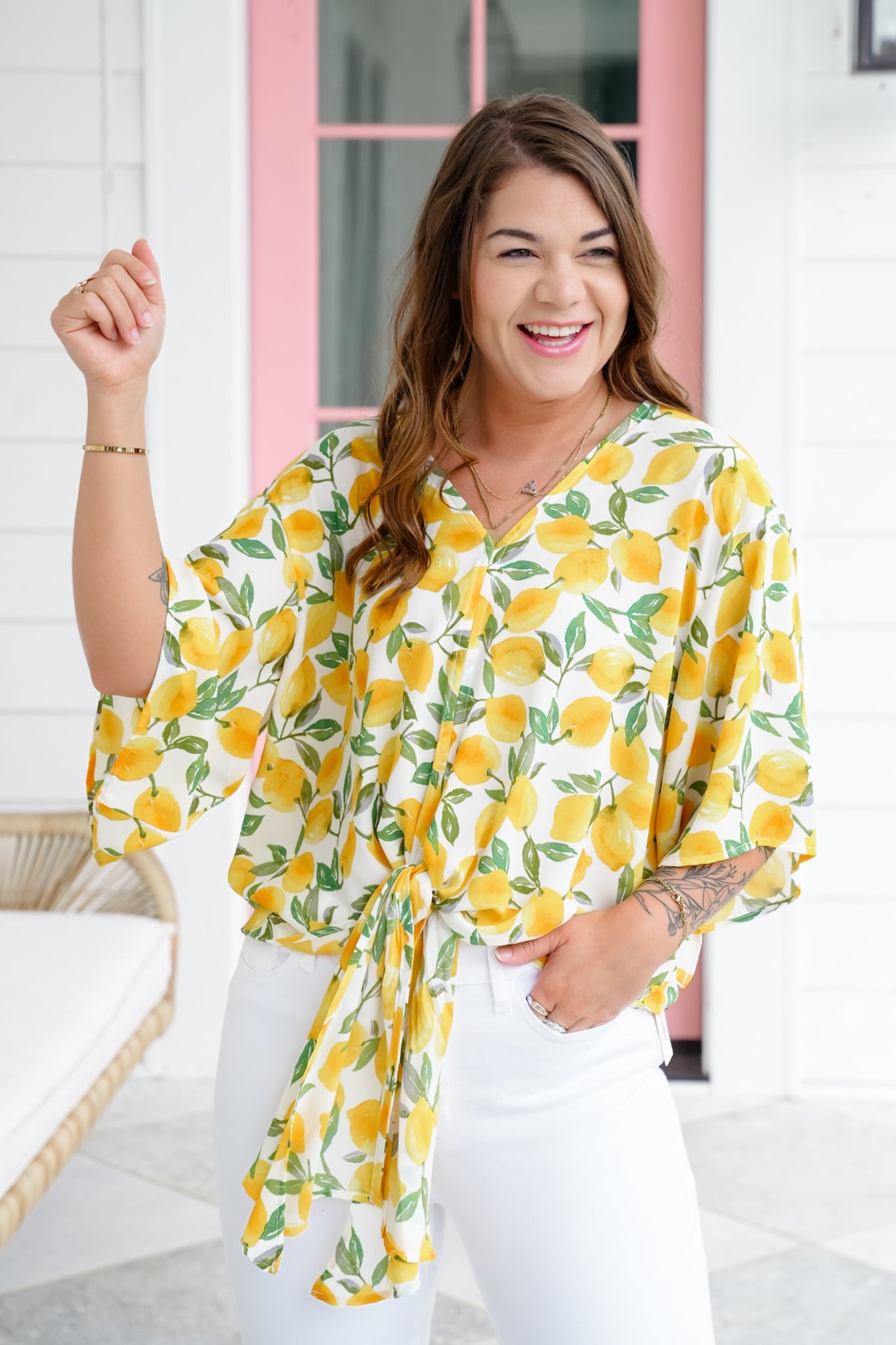Plus/Reg Lemon Print Short Sleeve Tie Front Top
