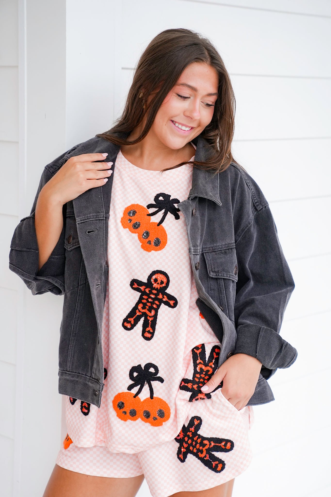 Short Sleeve Halloween Checkered Top with Cherry Skulls