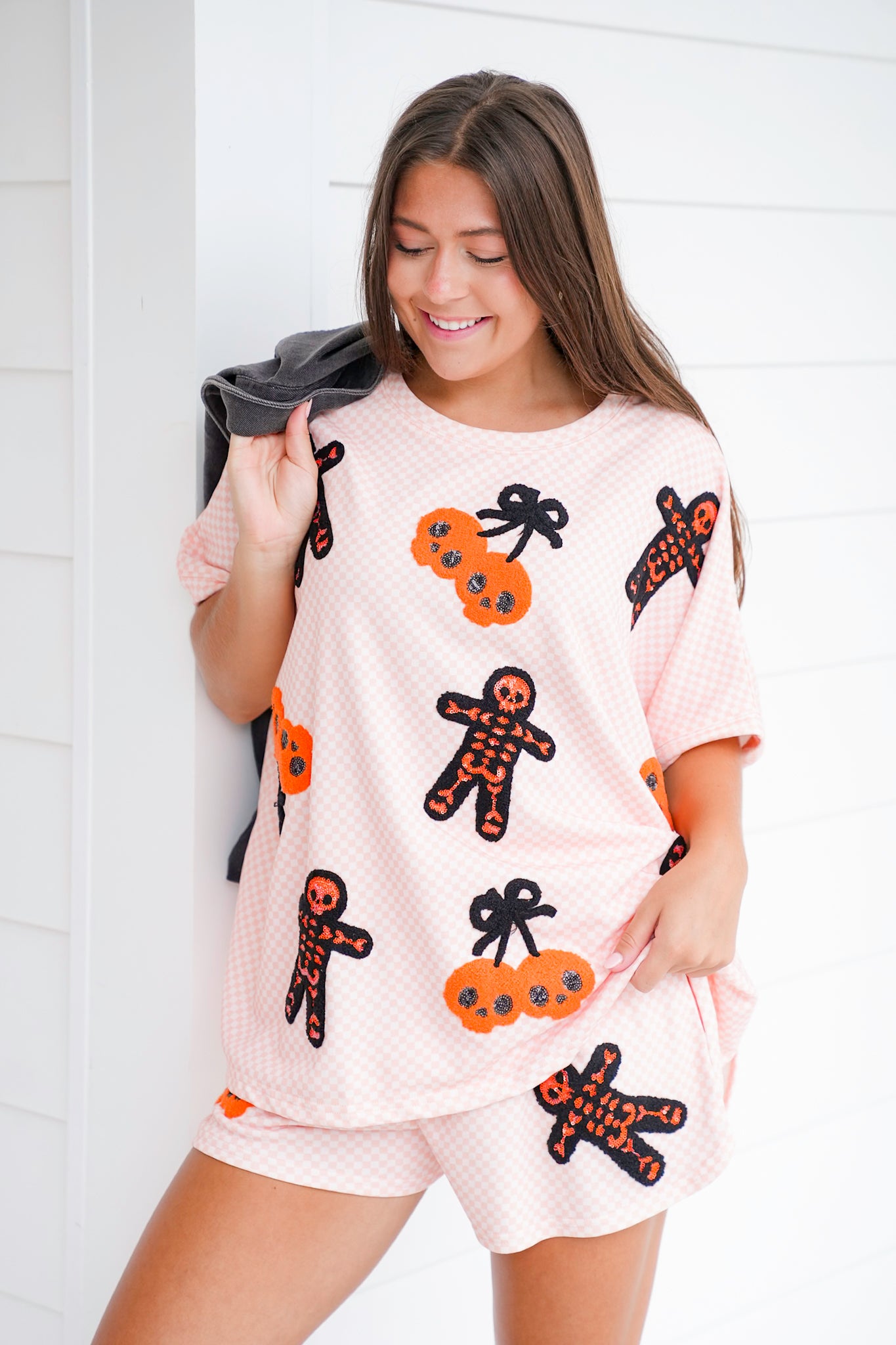 Short Sleeve Halloween Checkered Top with Cherry Skulls