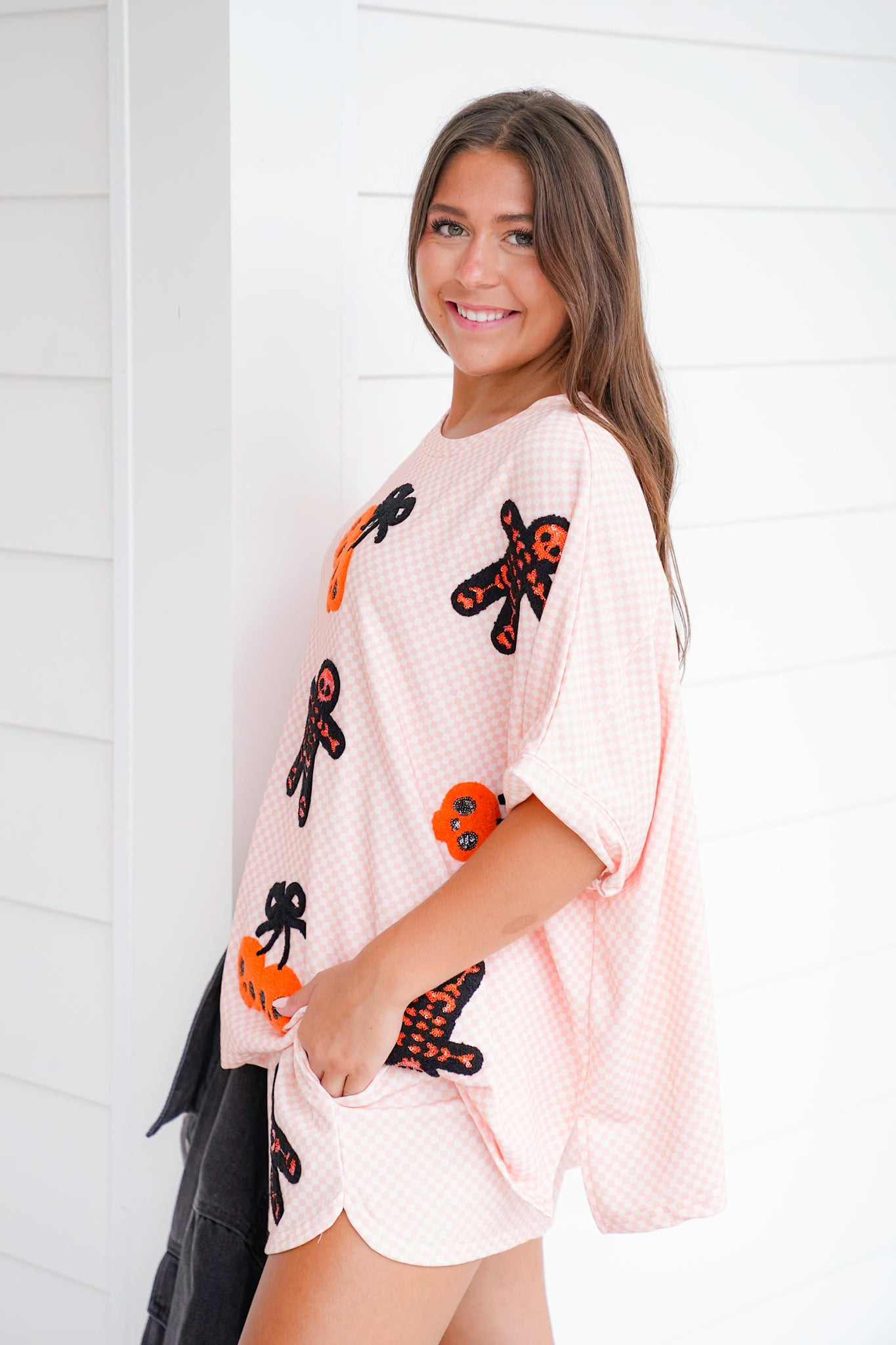 Short Sleeve Halloween Checkered Top with Cherry Skulls