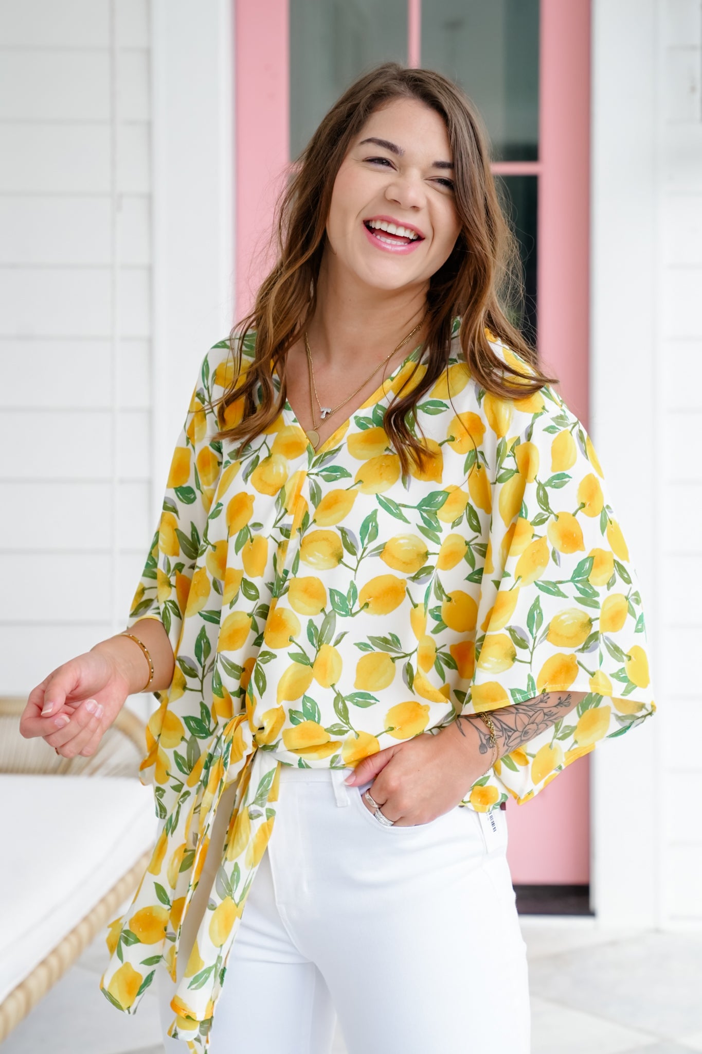 Plus/Reg Lemon Print Short Sleeve Tie Front Top