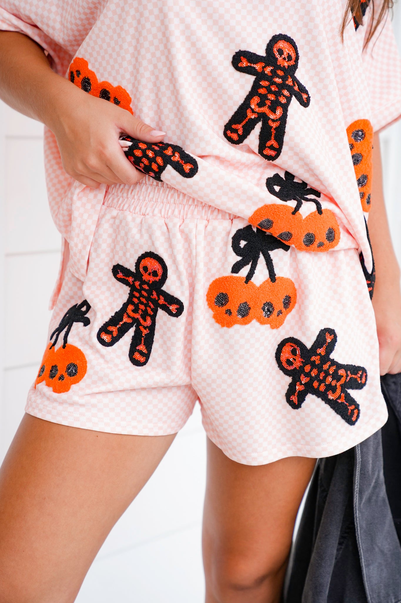 French Terry Halloween Checkered Shorts with Cherry Skulls