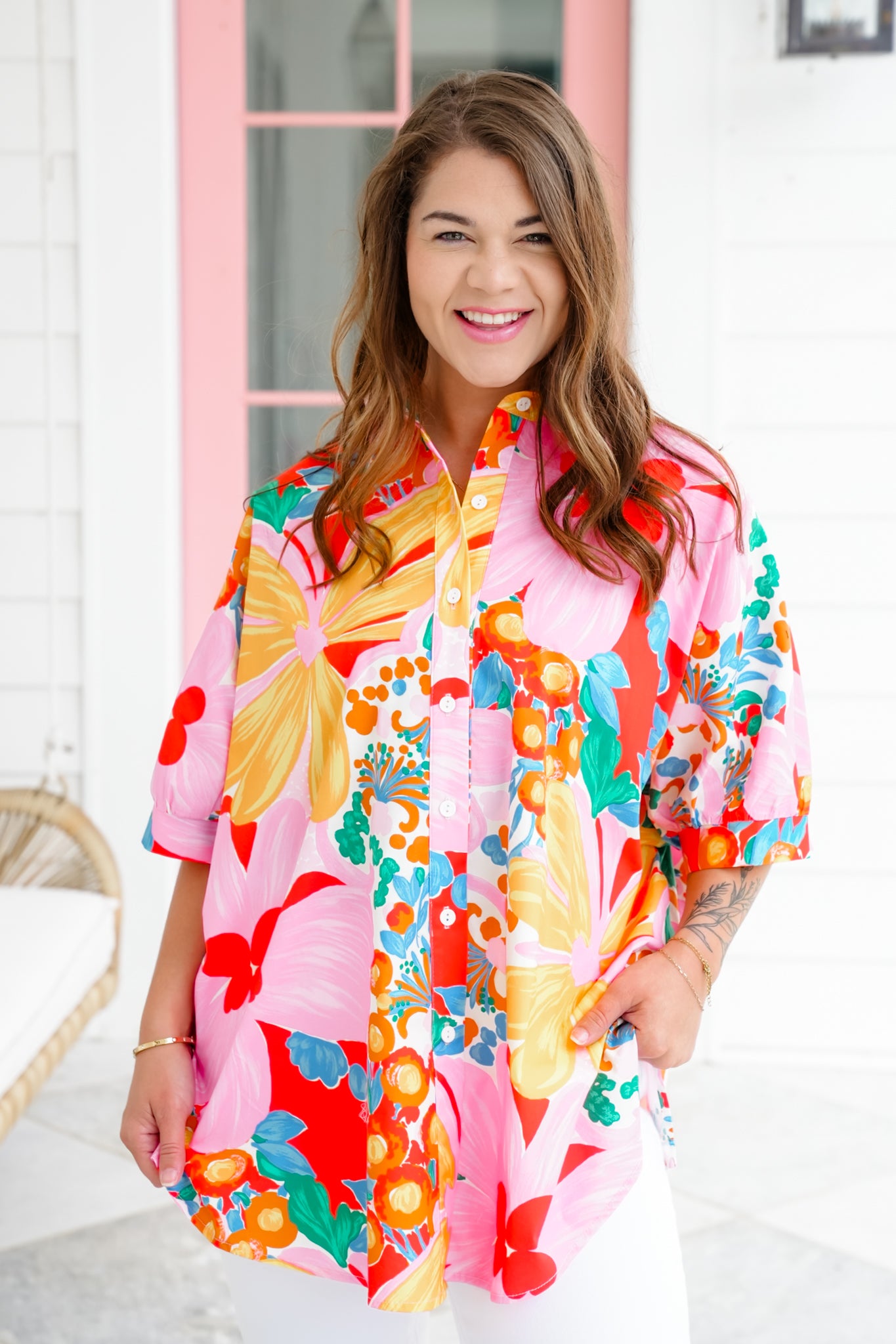 Plus/Reg Floral Print Button Down Top