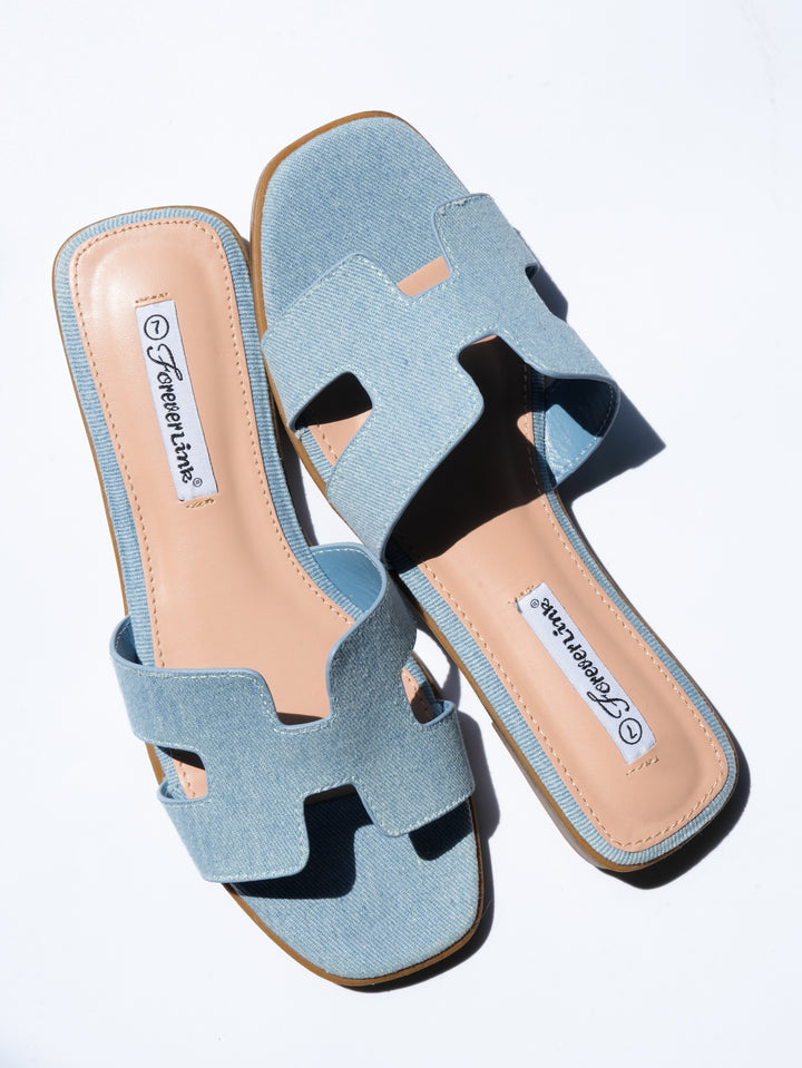 Denim H Strap Flat Slide Sandals