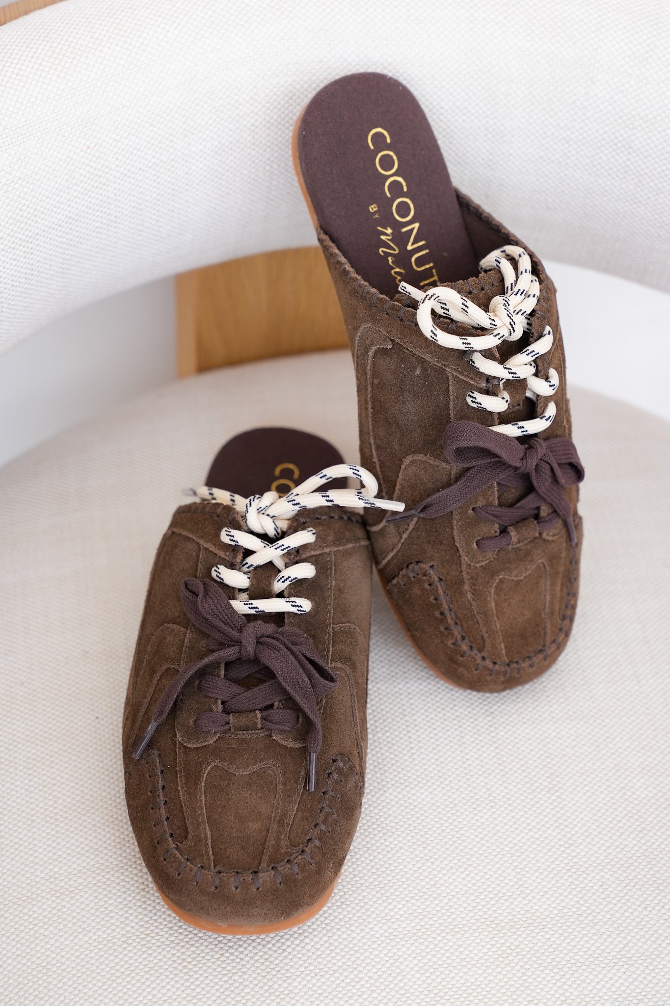 Slip On Mule with Moccasin Toe Stitching and Lace Up Detail