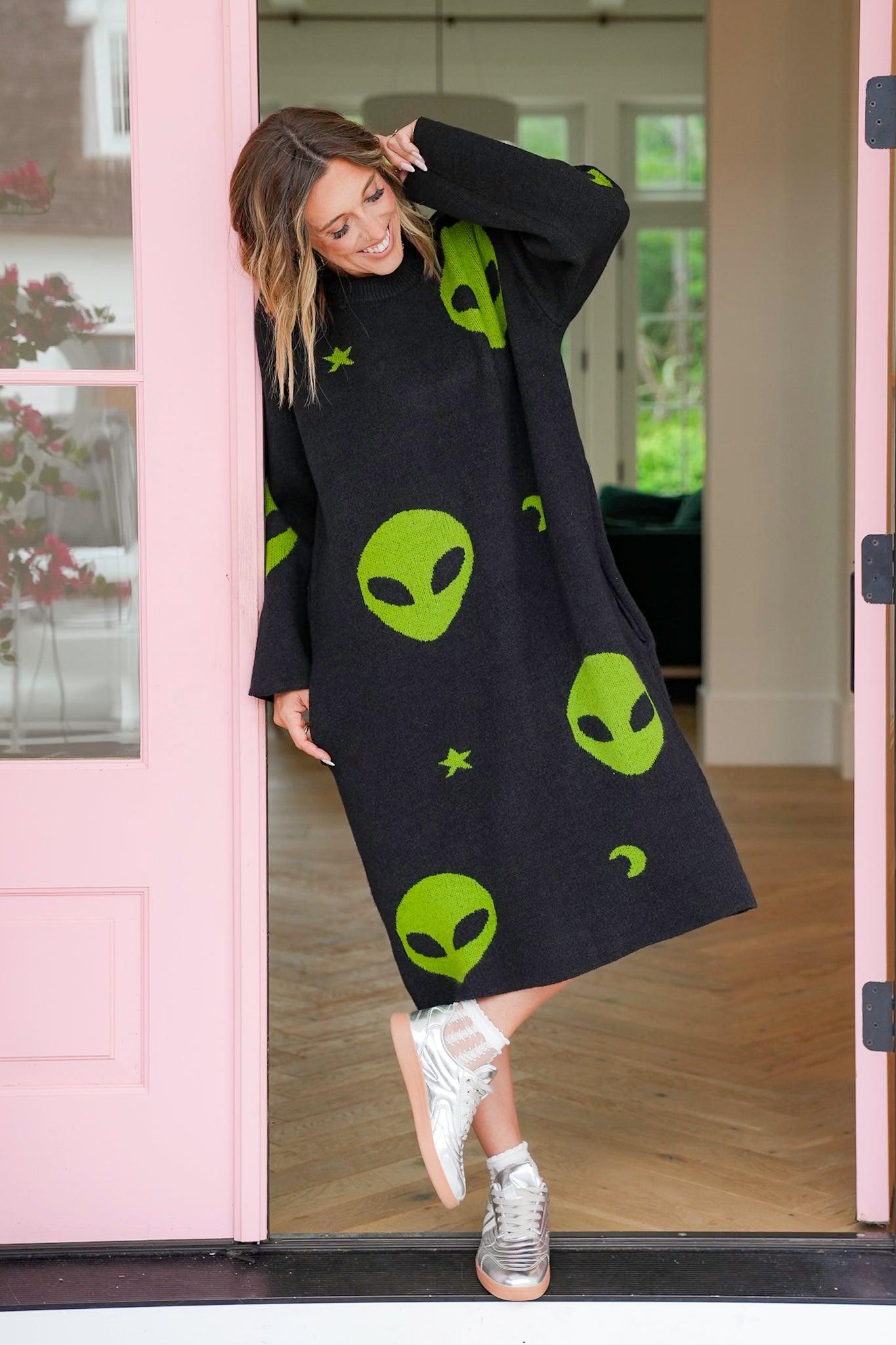 Black Knit Long Sleeve Sweater Dress with Alien Detail
