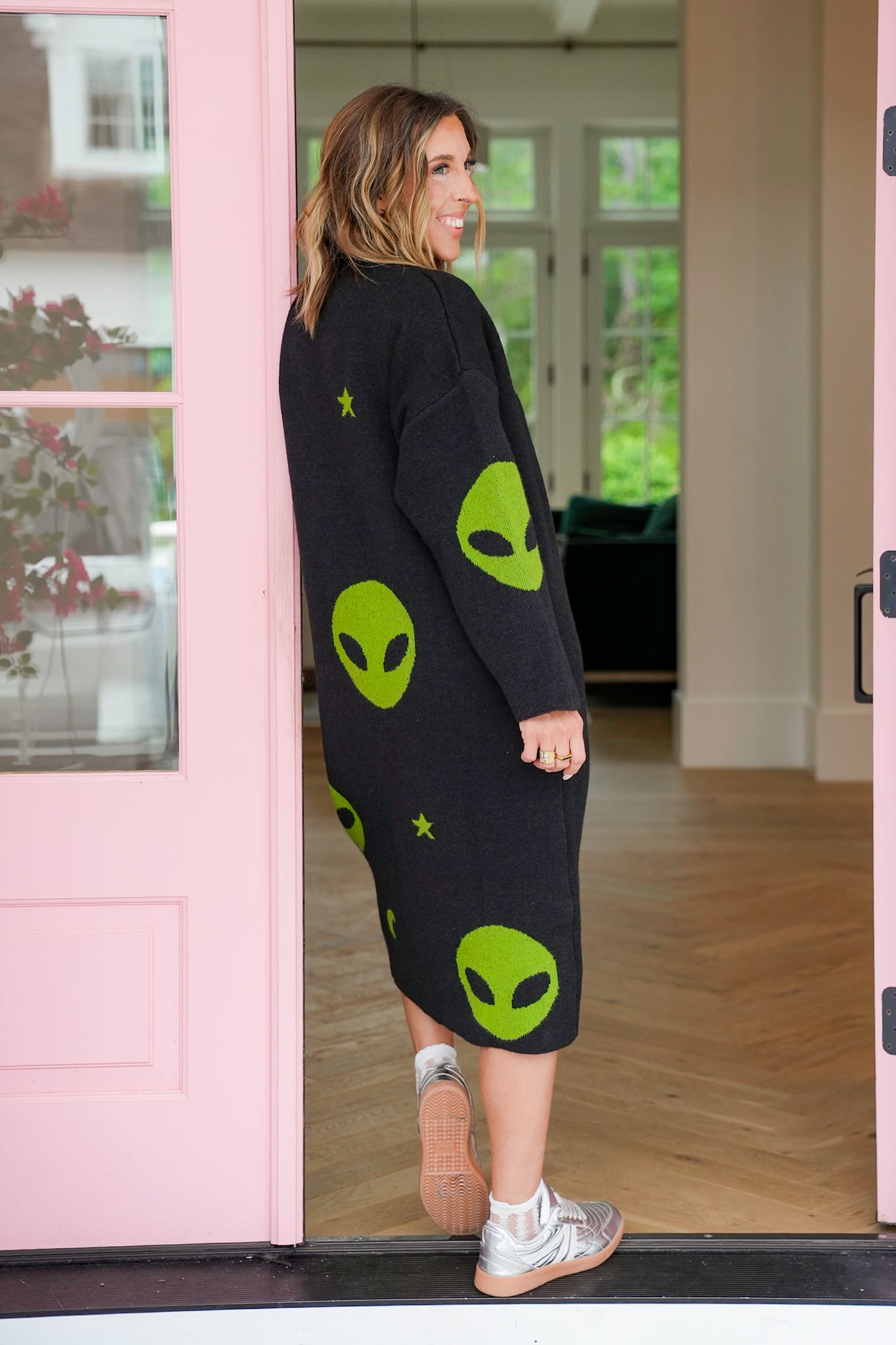 Black Knit Long Sleeve Sweater Dress with Alien Detail