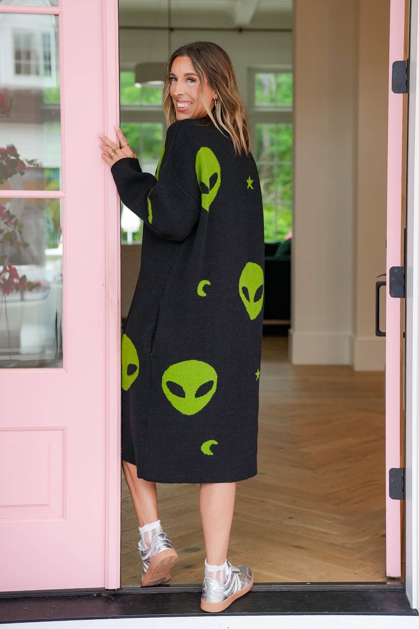 Black Knit Long Sleeve Sweater Dress with Alien Detail
