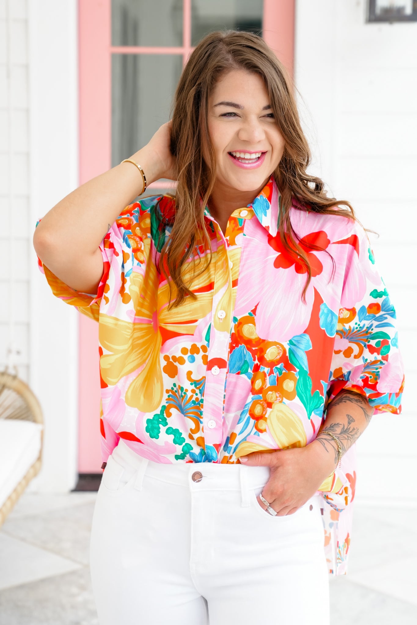 Plus/Reg Floral Print Button Down Top