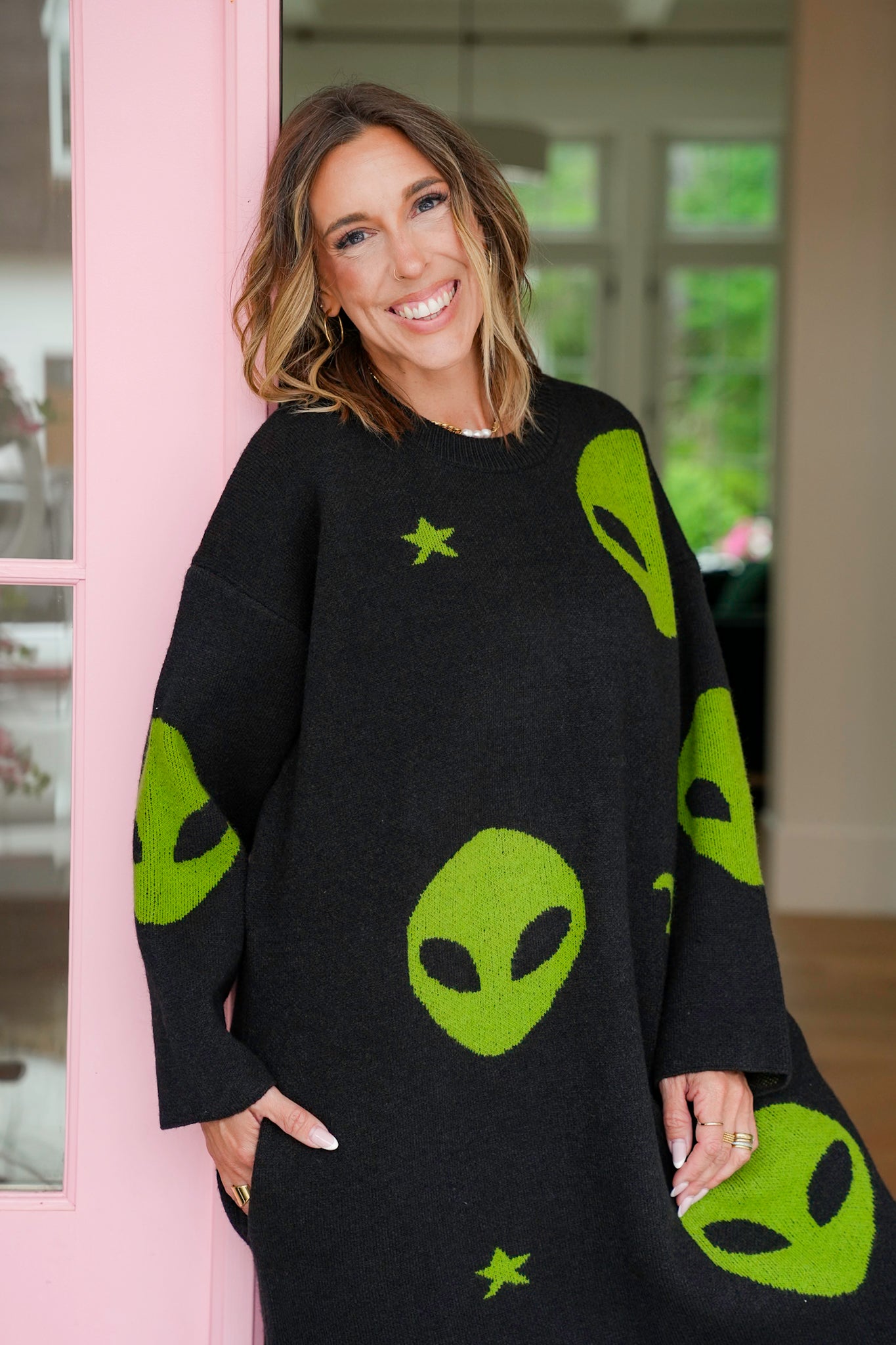 Black Knit Long Sleeve Sweater Dress with Alien Detail