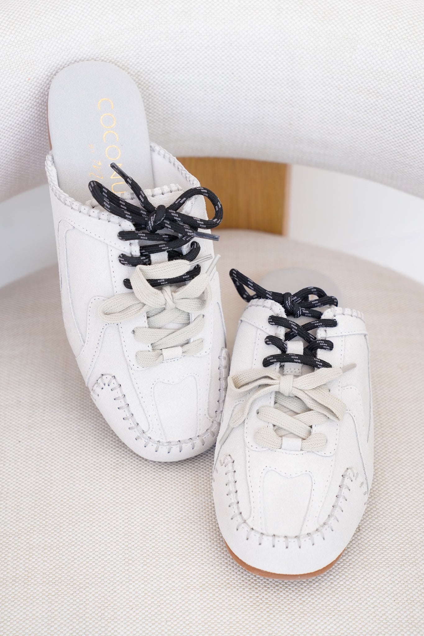 Slip On Mule with Moccasin Toe Stitching and Lace Up Detail