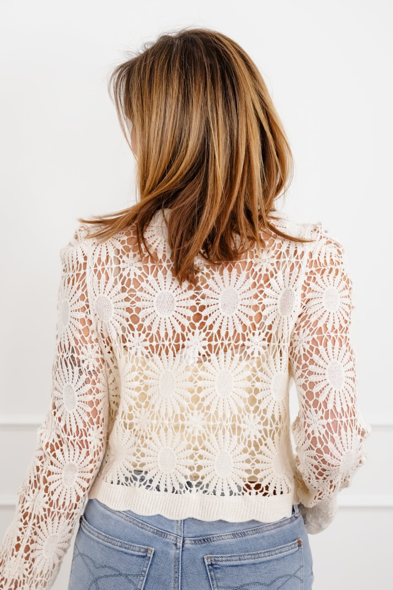 Long Sleeve Floral Crochet Button Down Cardigan