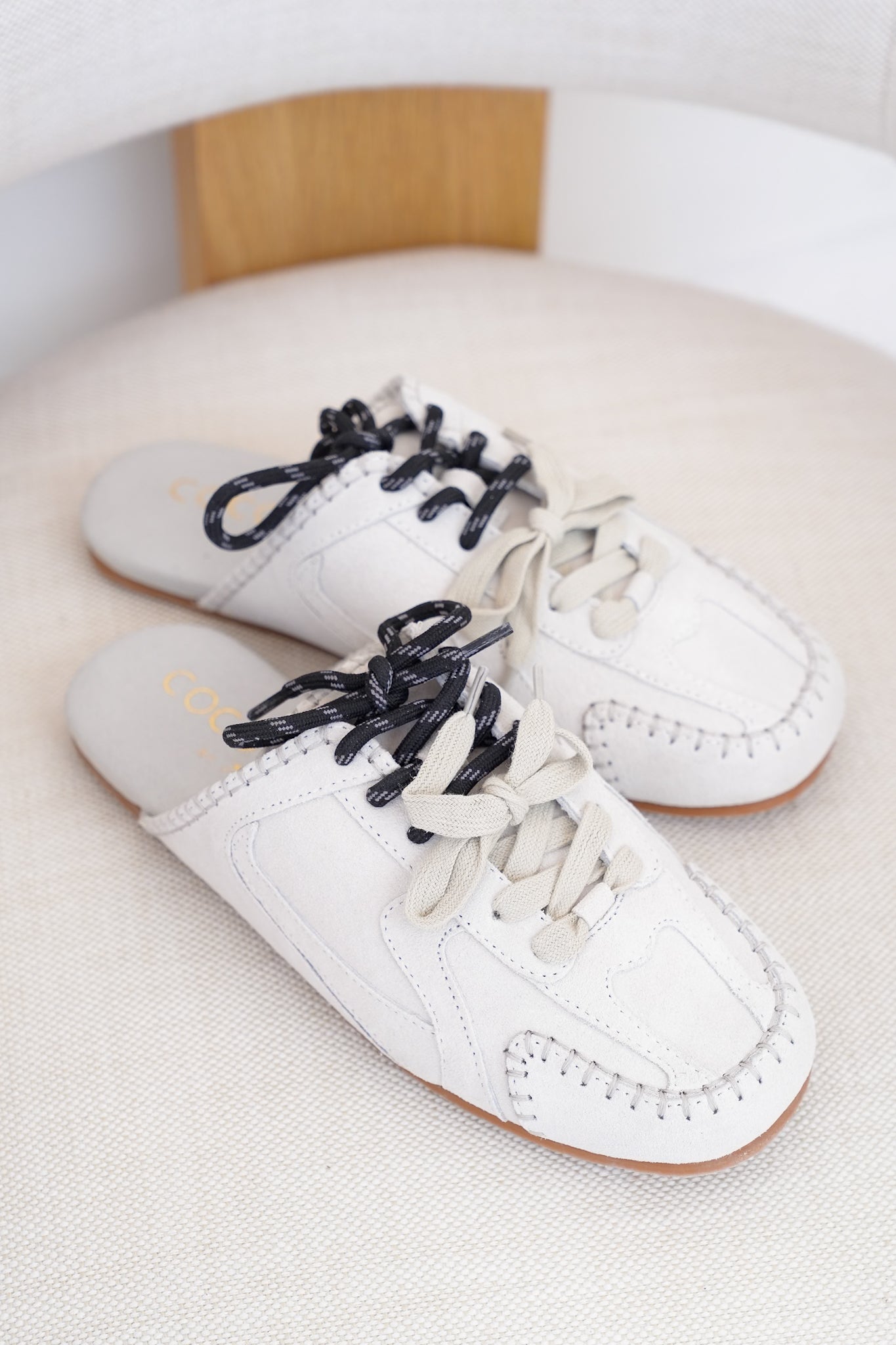Slip On Mule with Moccasin Toe Stitching and Lace Up Detail