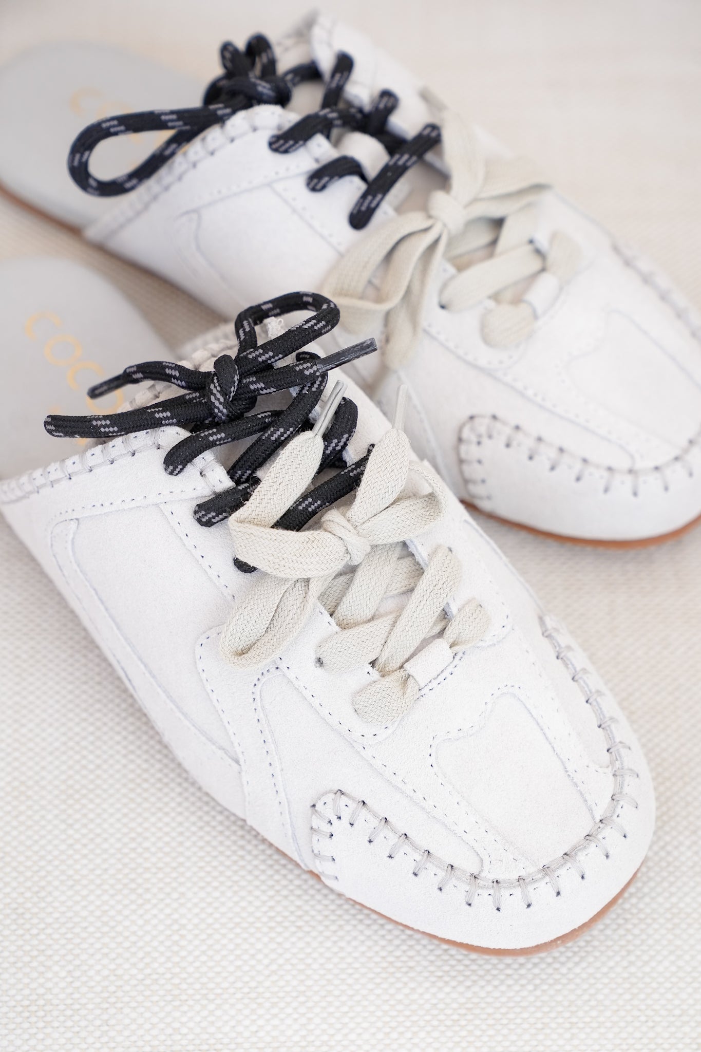 Slip On Mule with Moccasin Toe Stitching and Lace Up Detail