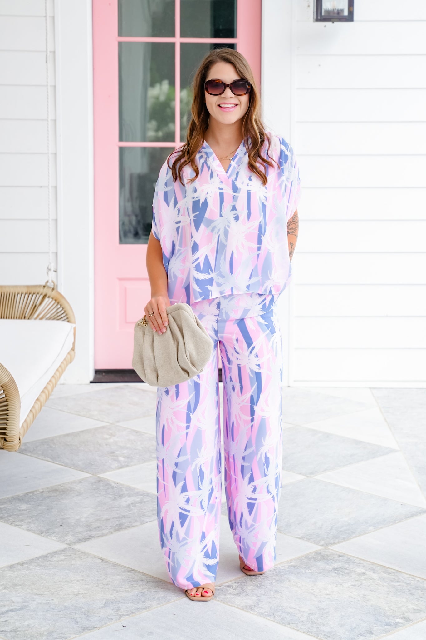 Plus/Reg Palm Tree Print Elastic Waist Pants