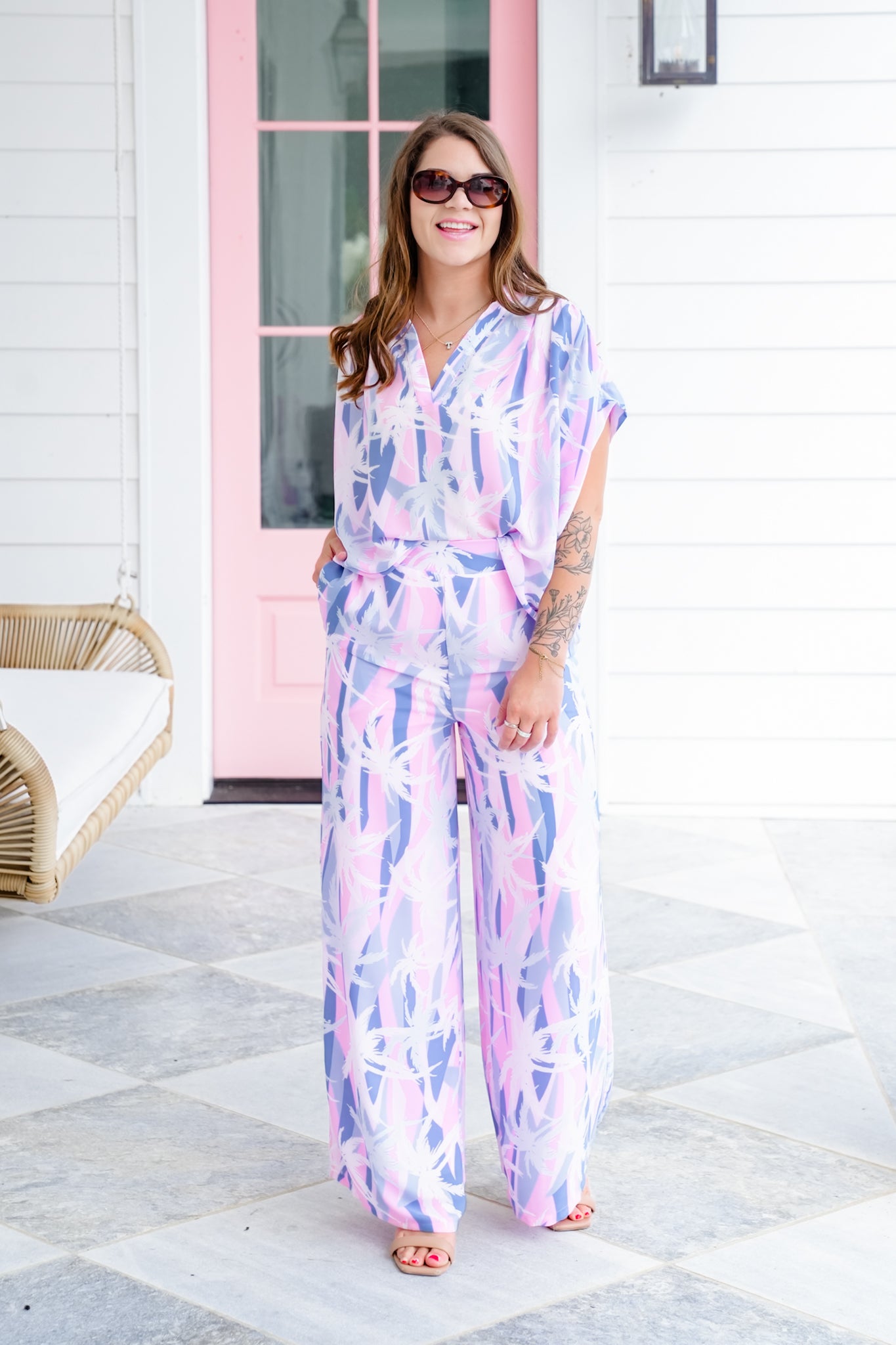 Plus/Reg Palm Tree Print Elastic Waist Pants