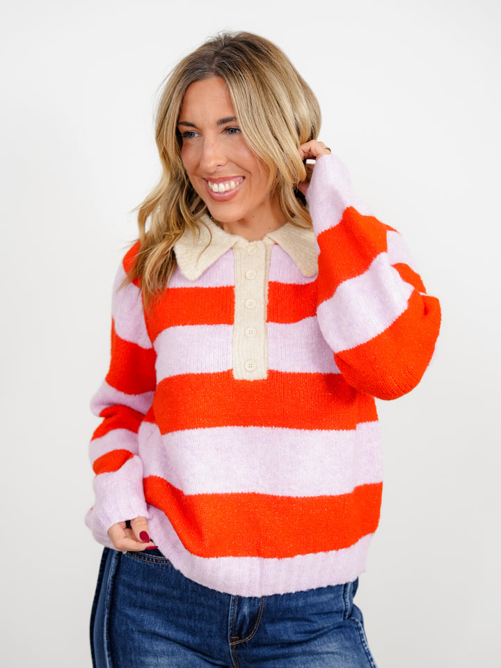 Stripe Long Sleeve Button Up Collared Sweater - Freckled Poppy