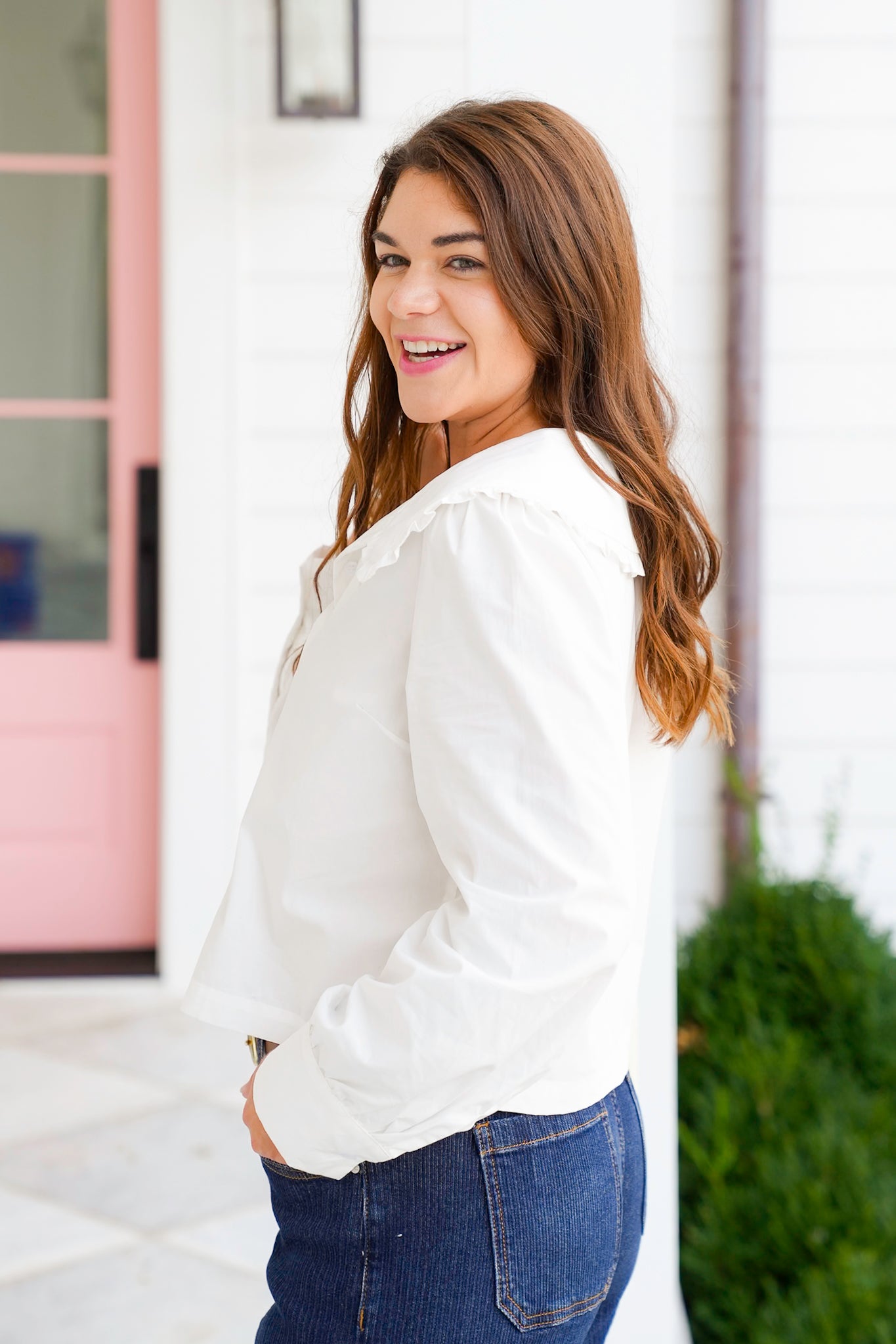 White Peter Pan Collar Long Sleeve Button Down Top